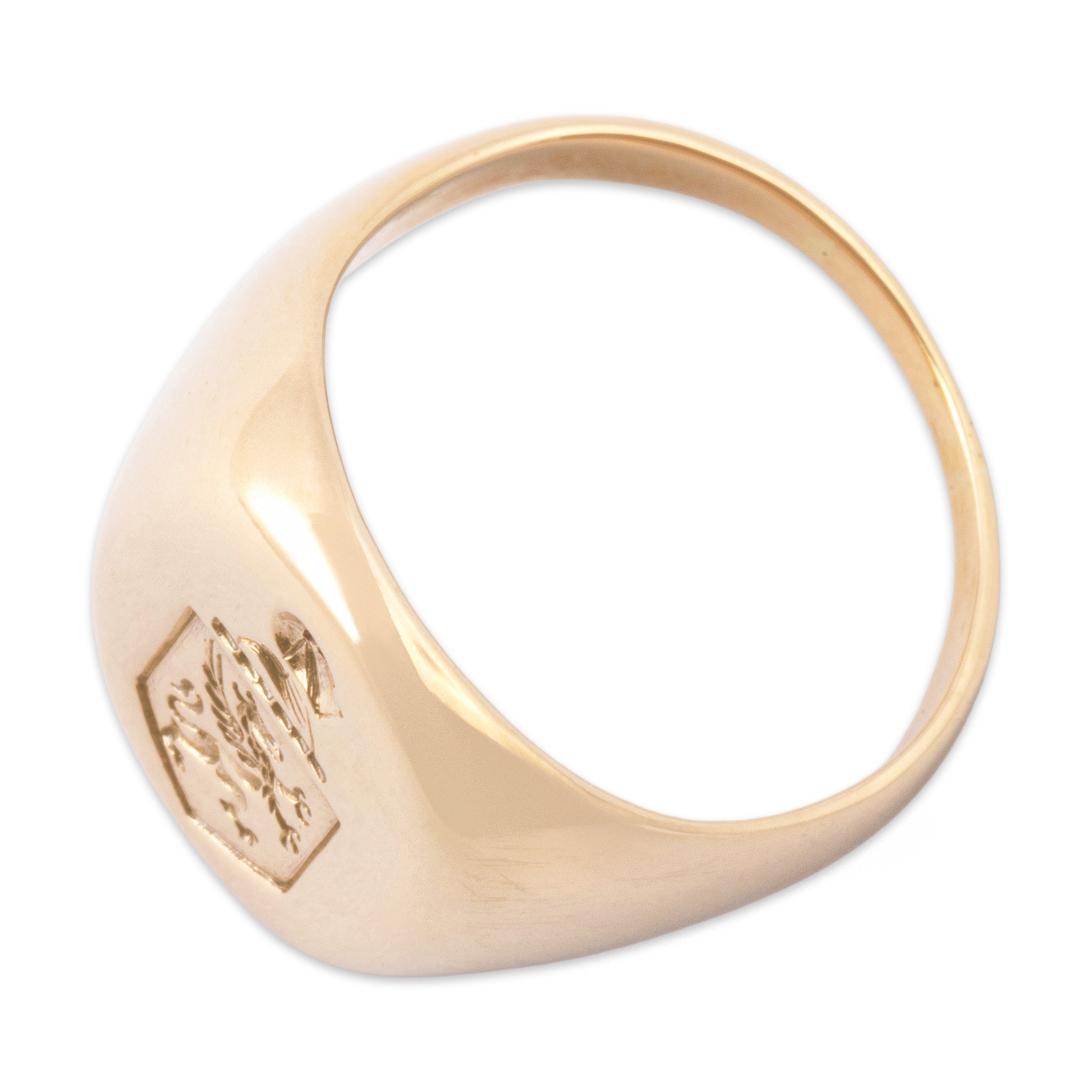 Vintage Heavy 14k Yellow Gold Engraved Griffin And Knight Coat Of Arms Signet Ring - Overall view