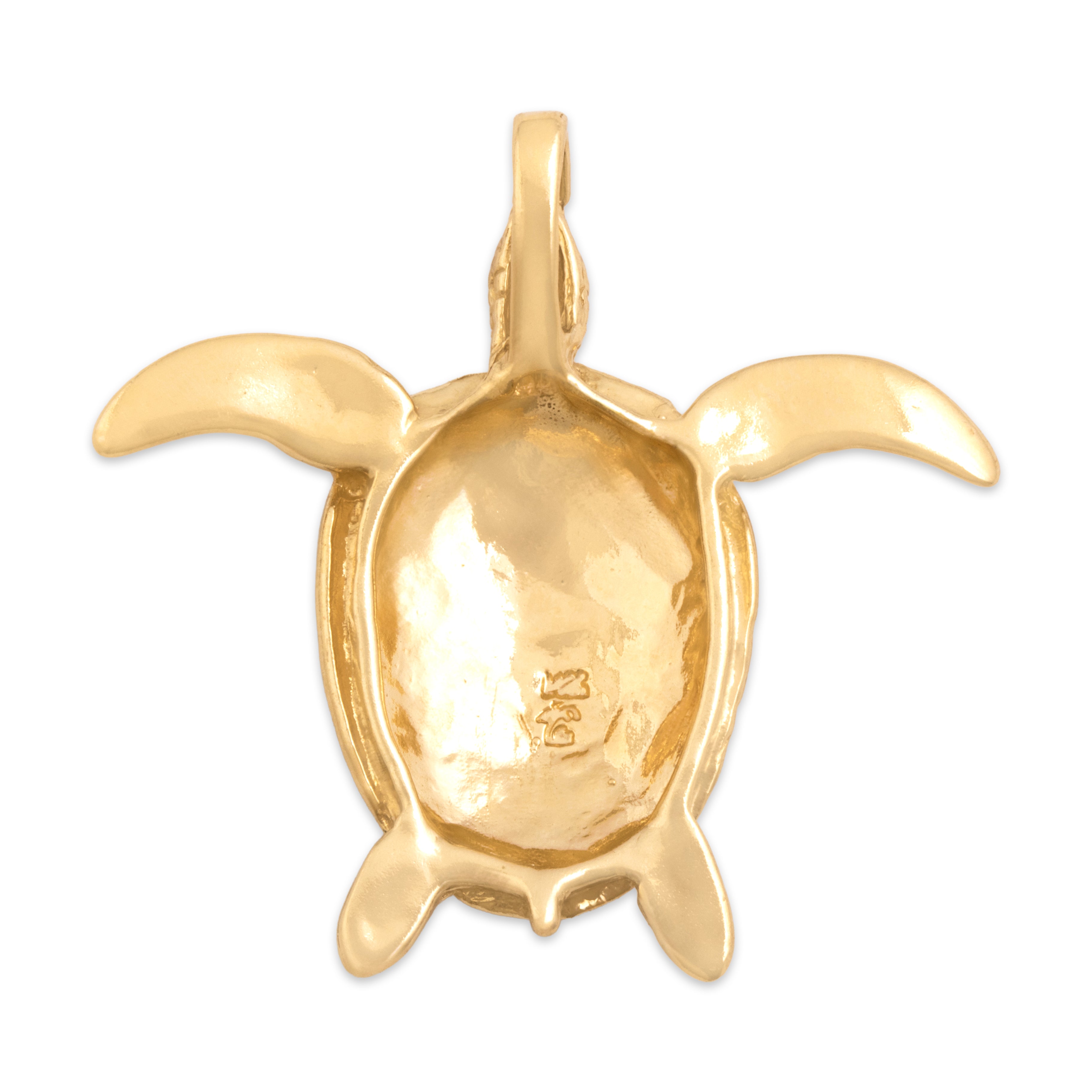 Vintage Large 14k Yellow Gold Wonderful Textured Figural Sea Turtle Pendant - Back view
