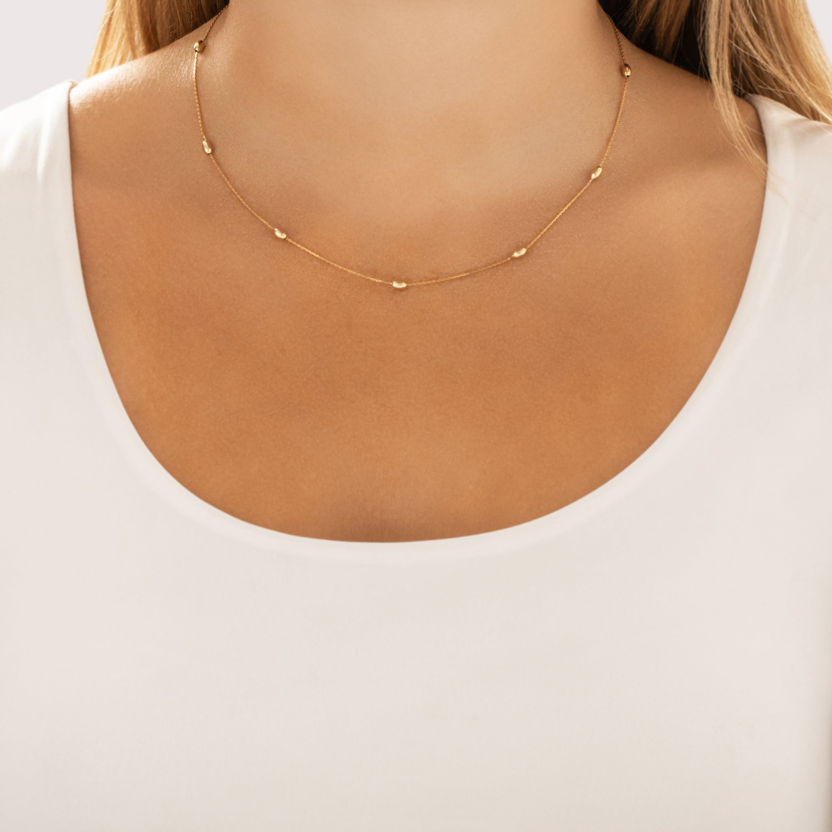 Estate Italian 14k Yellow Gold 3.1mm (At Station), .8mm (Chain) Bauble Station Chain - On model view