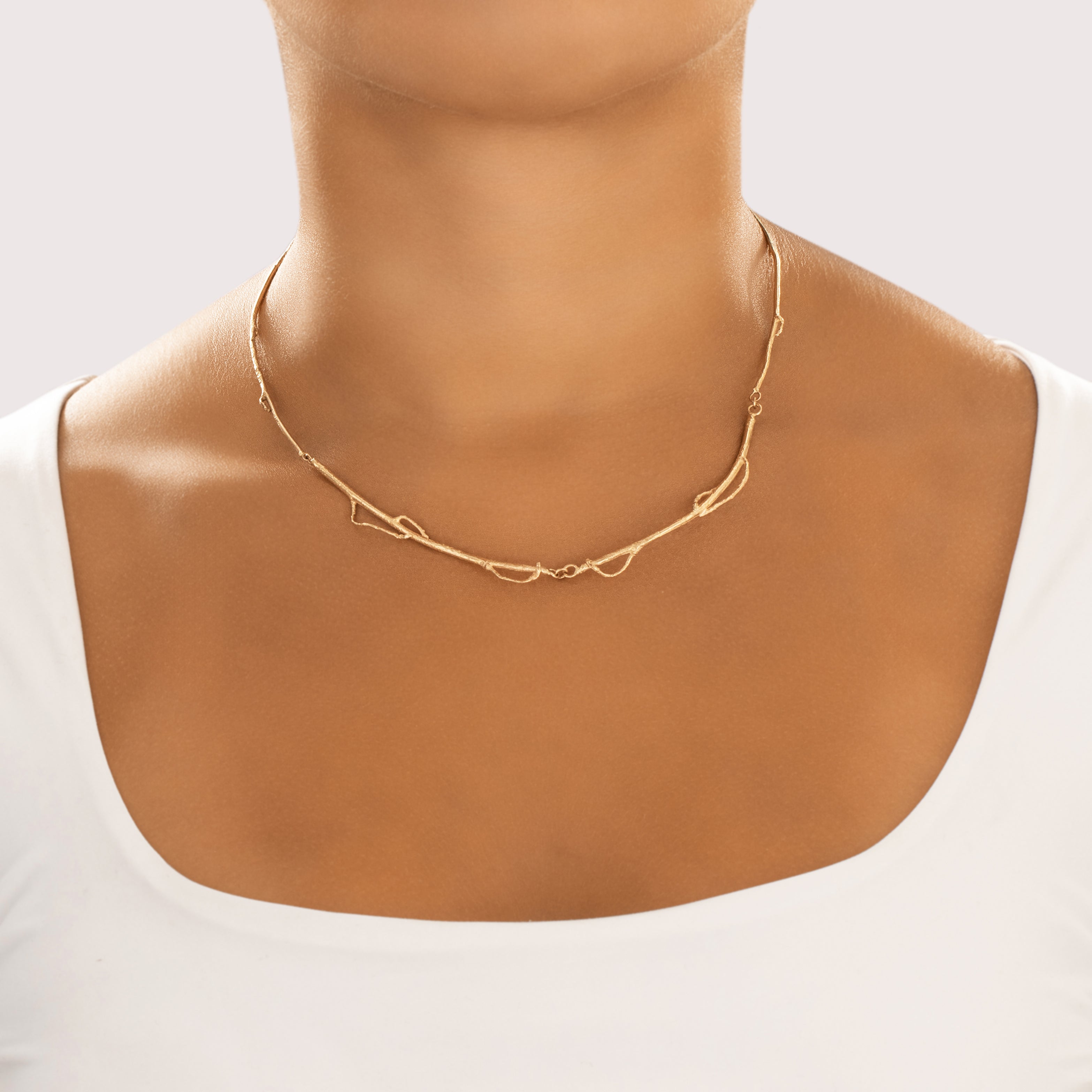 Vintage 14k Yellow Gold Chic Brutalist Branch Necklace - On model view