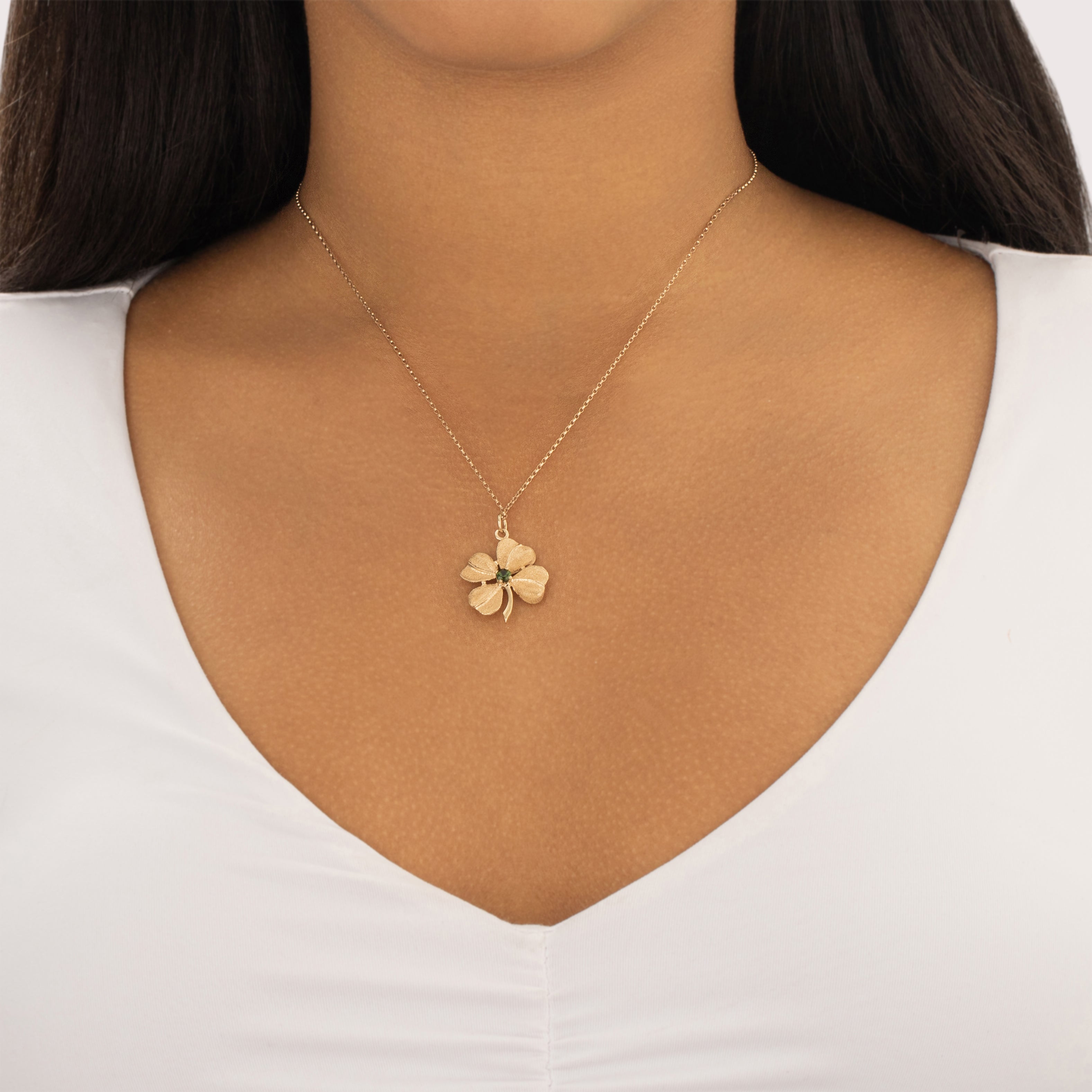 Vintage 14k Yellow Gold Green Tourmaline Double-Sided Lucky Textured Clover Charm / Pendant - On model view