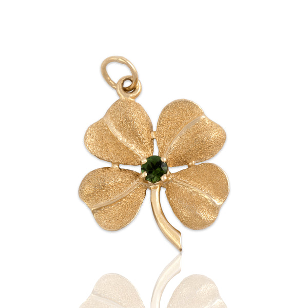 Vintage 14k Yellow Gold Green Tourmaline Double-Sided Lucky Clover Pendant