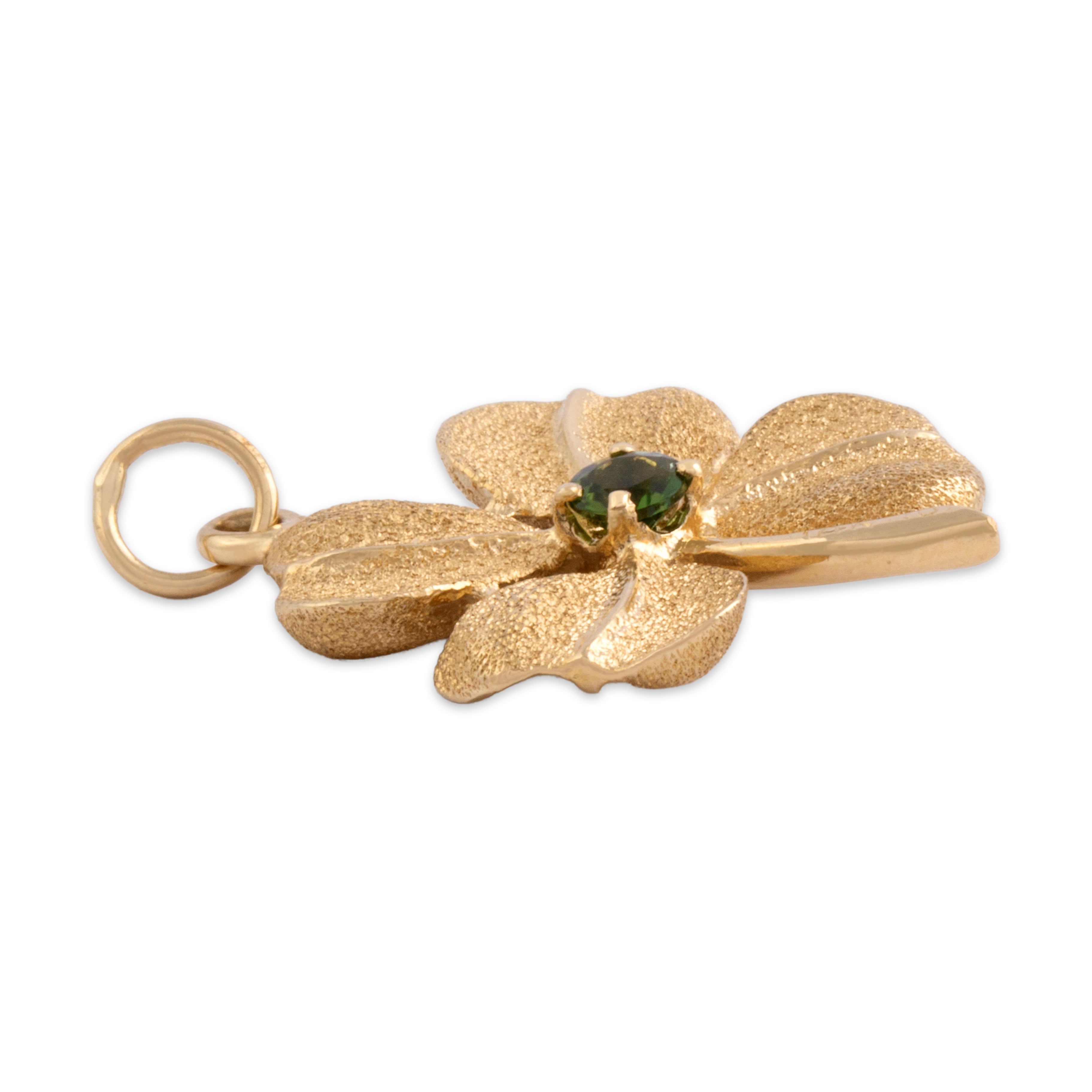 Vintage 14k Yellow Gold Green Tourmaline Double-Sided Lucky Textured Clover Charm / Pendant - Side view