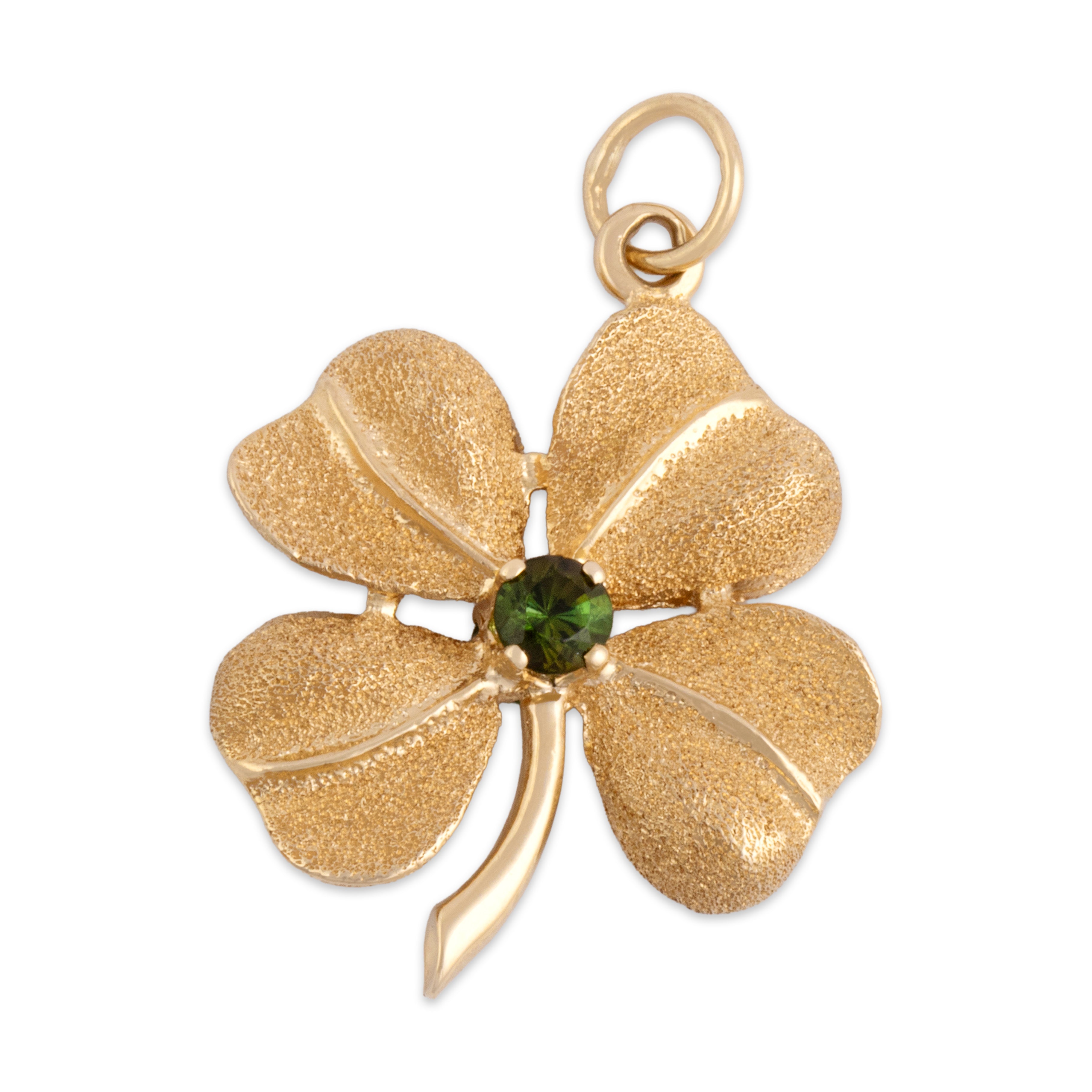Vintage 14k Yellow Gold Green Tourmaline Double-Sided Lucky Textured Clover Charm / Pendant - Overall view