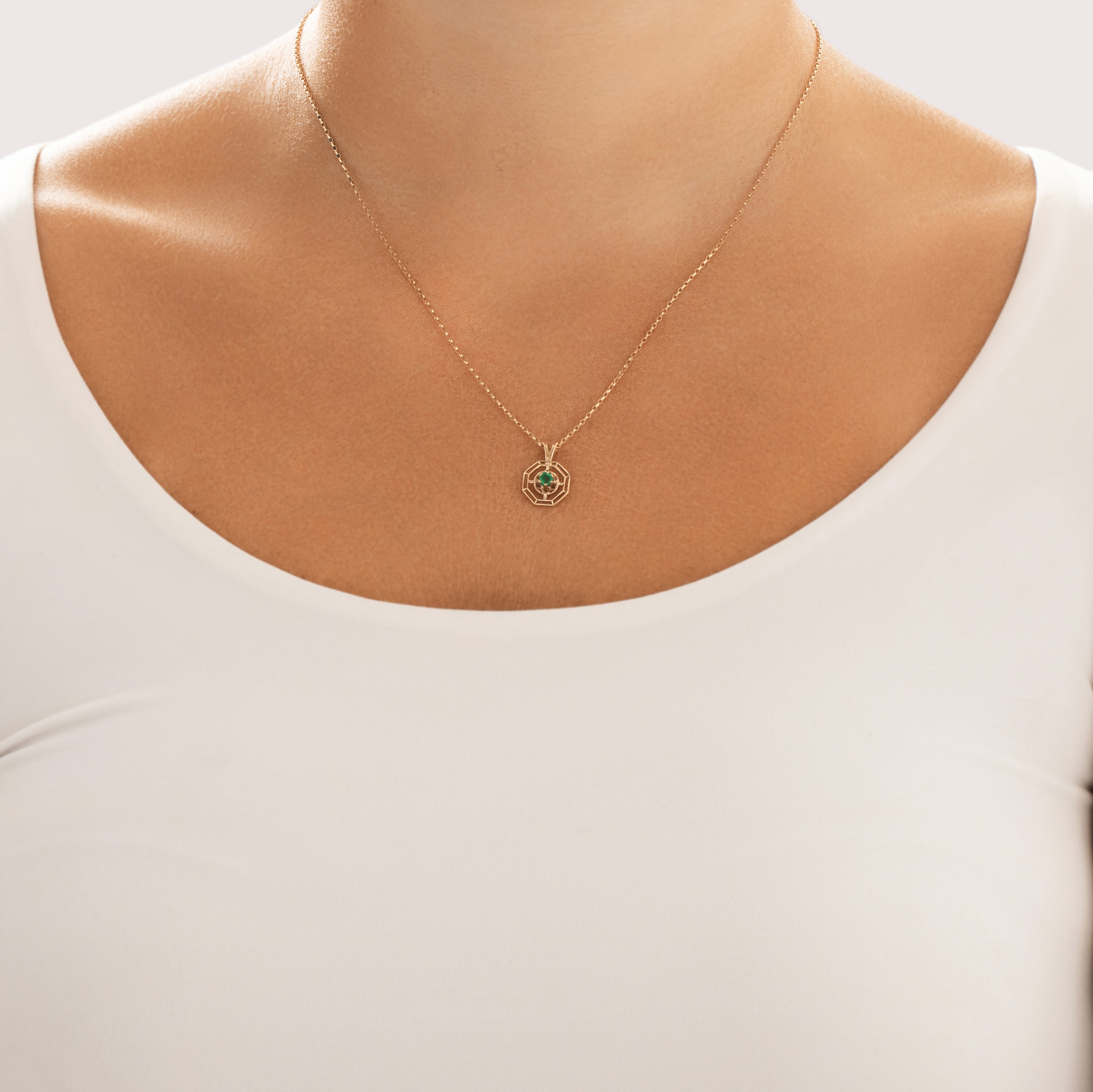 Vintage 10k & 14k Yellow Gold Emerald Open Octagonal Buttercup Pendant - On model view