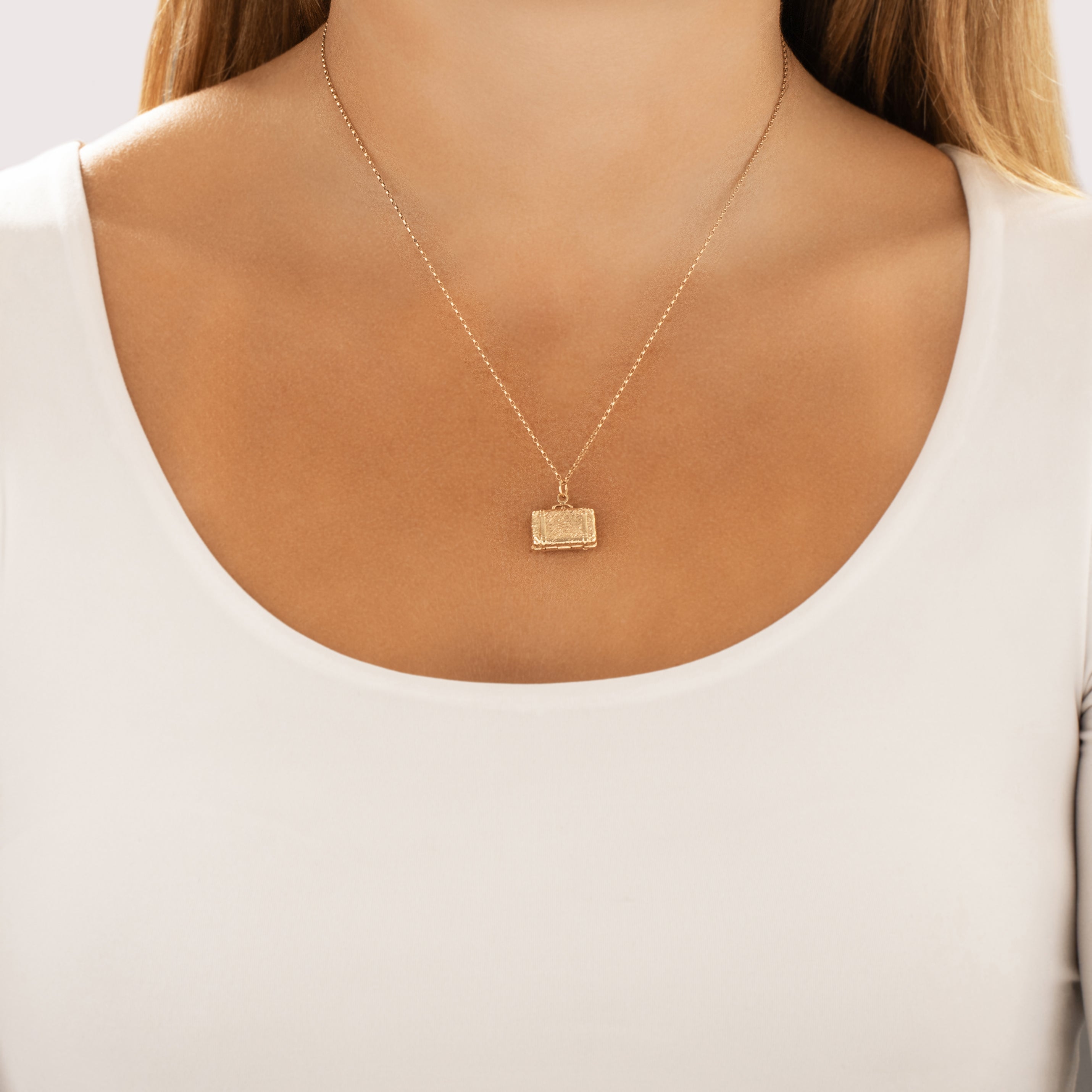 Vintage Heavy 14k Yellow Gold Opening Textured Briefcase Charm / Pendant - On model view