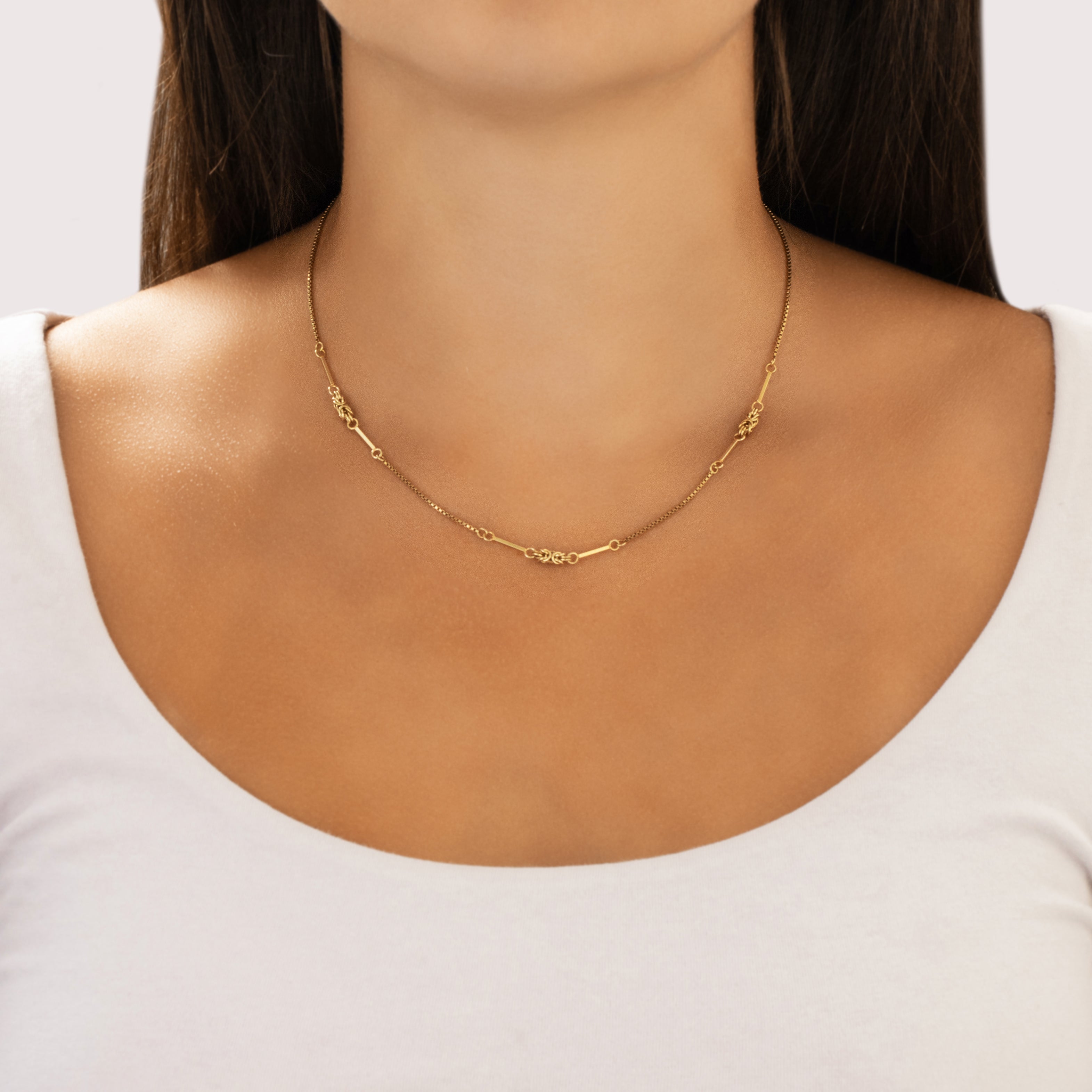 Vintage German 14k Yellow Gold Multi-Link Byzantine Station Chain Adjustable Necklace - On model view