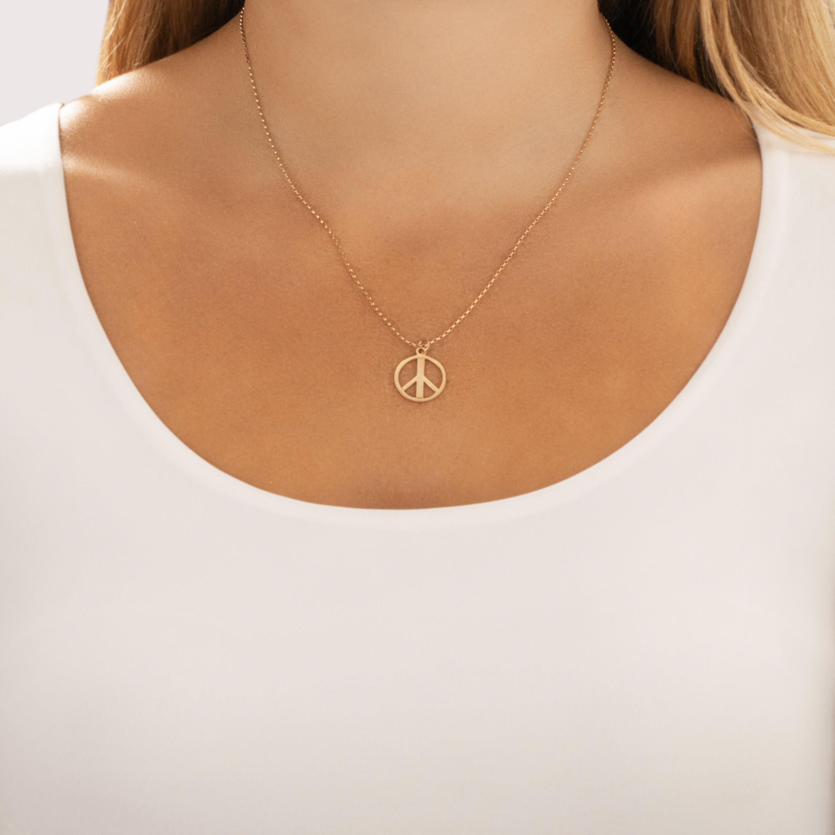 Vintage Lightweight 10k Yellow Gold Groovy Peace Sign Charm / Pendant - On model view
