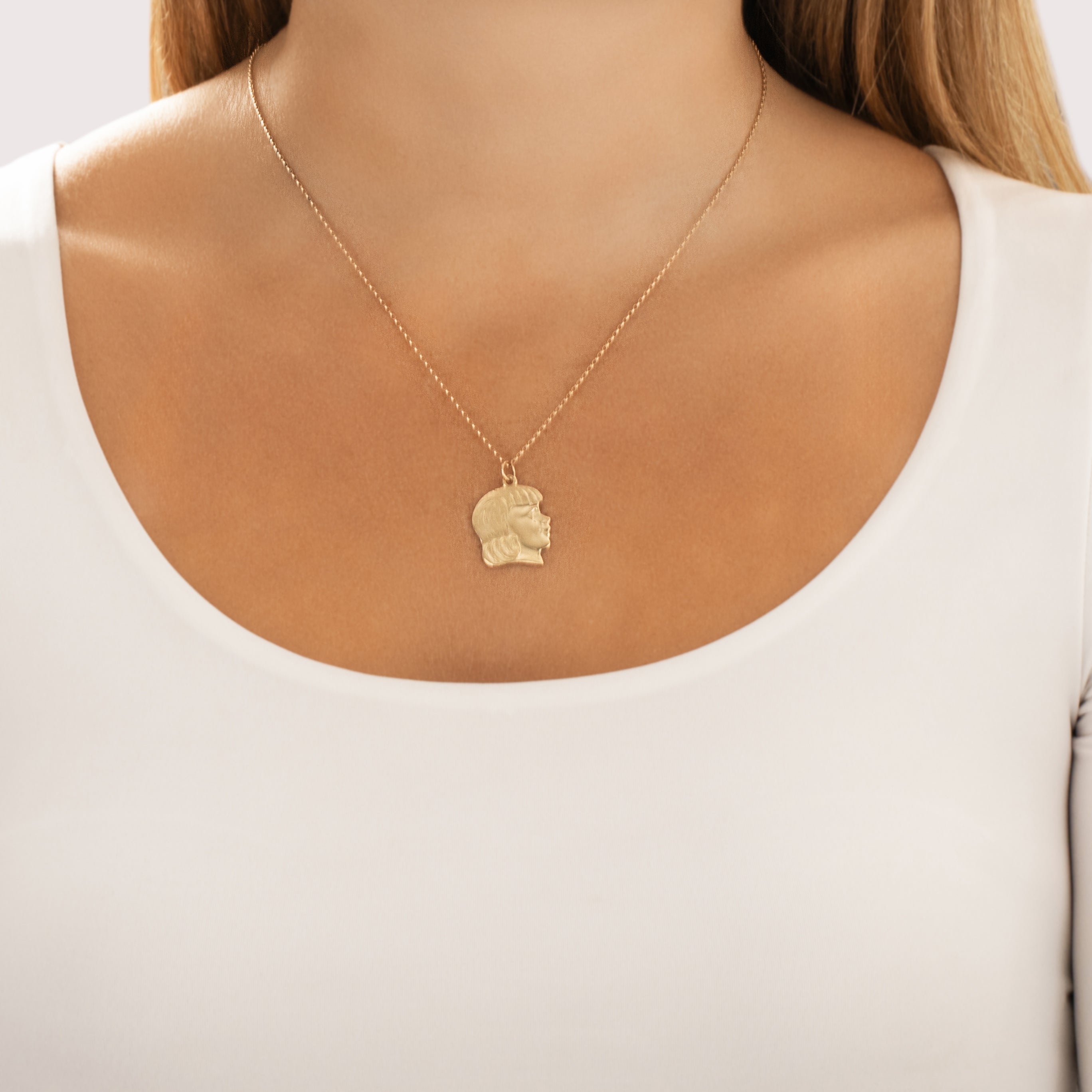 Vintage 14k Yellow Gold Detailed Girl Child Profile Charm / Pendant - On model view
