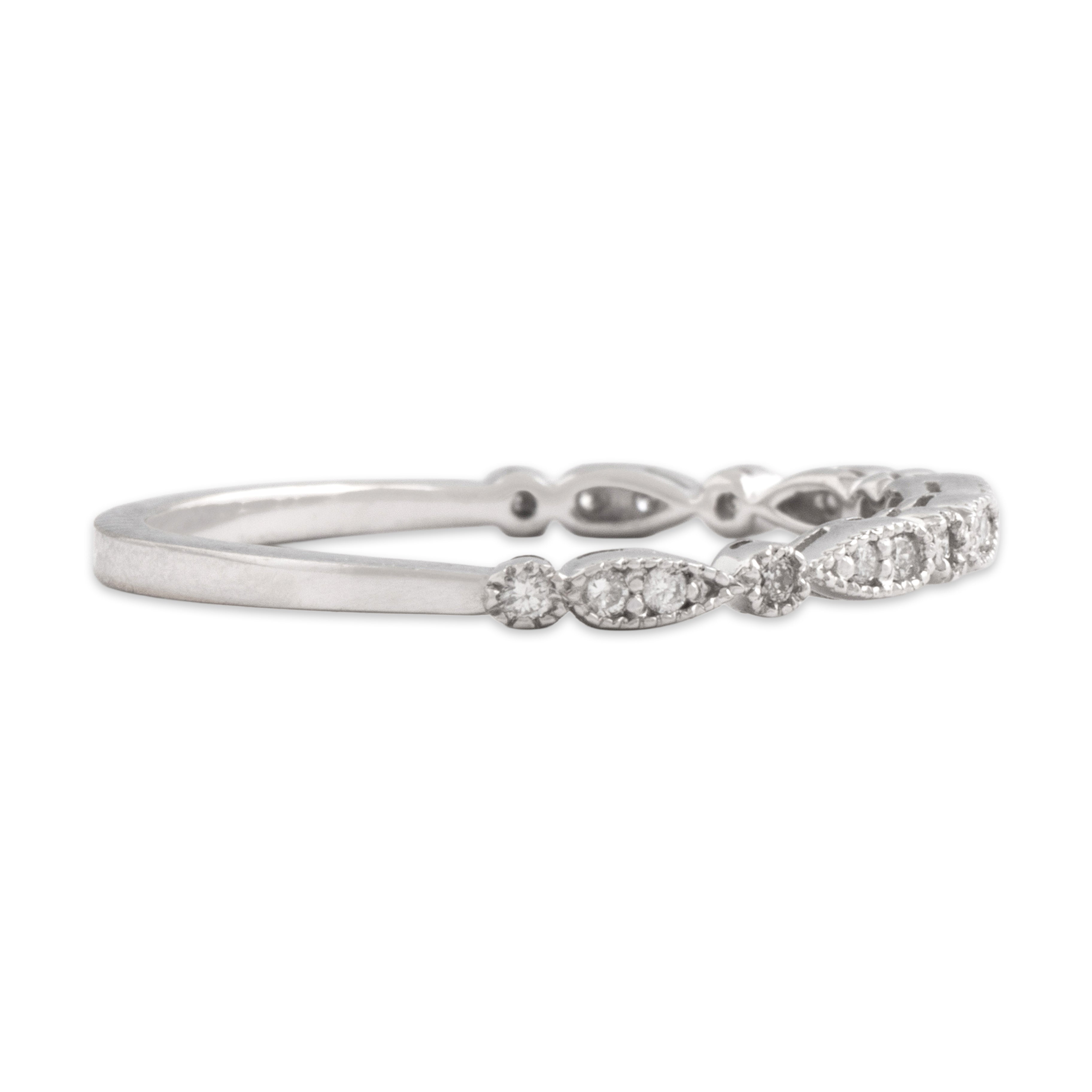 Vintage 18k White Gold Diamond Dainty Milgrain Detail Band Ring - Side view