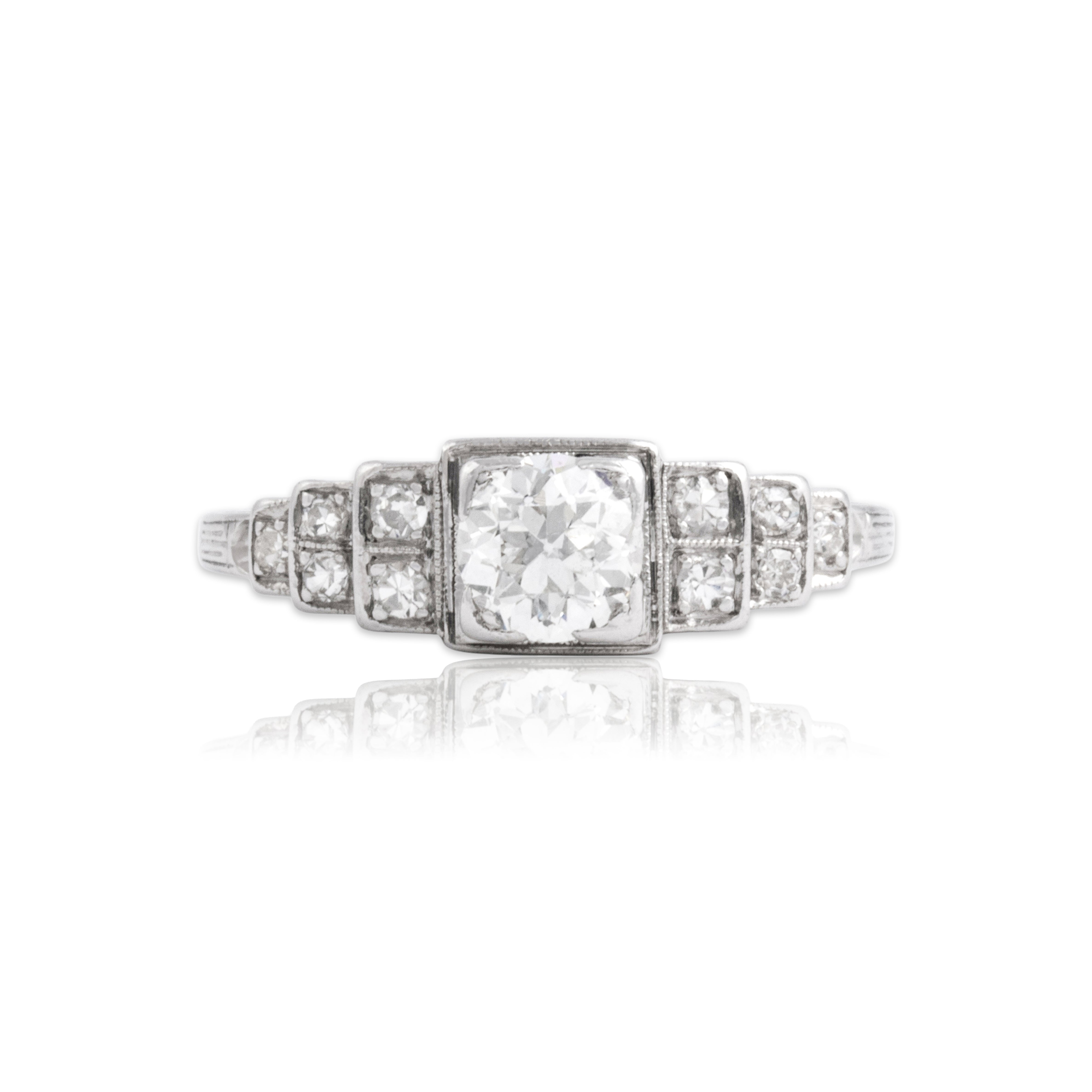 Antique Art Deco Platinum .6cttw Old European Cut Diamond Wonderful Step Openwork Detail Ring - Close-up view