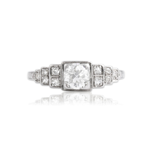 Antique Art Deco Platinum .6cttw Old European Cut Diamond Step Detail Ring 6.25