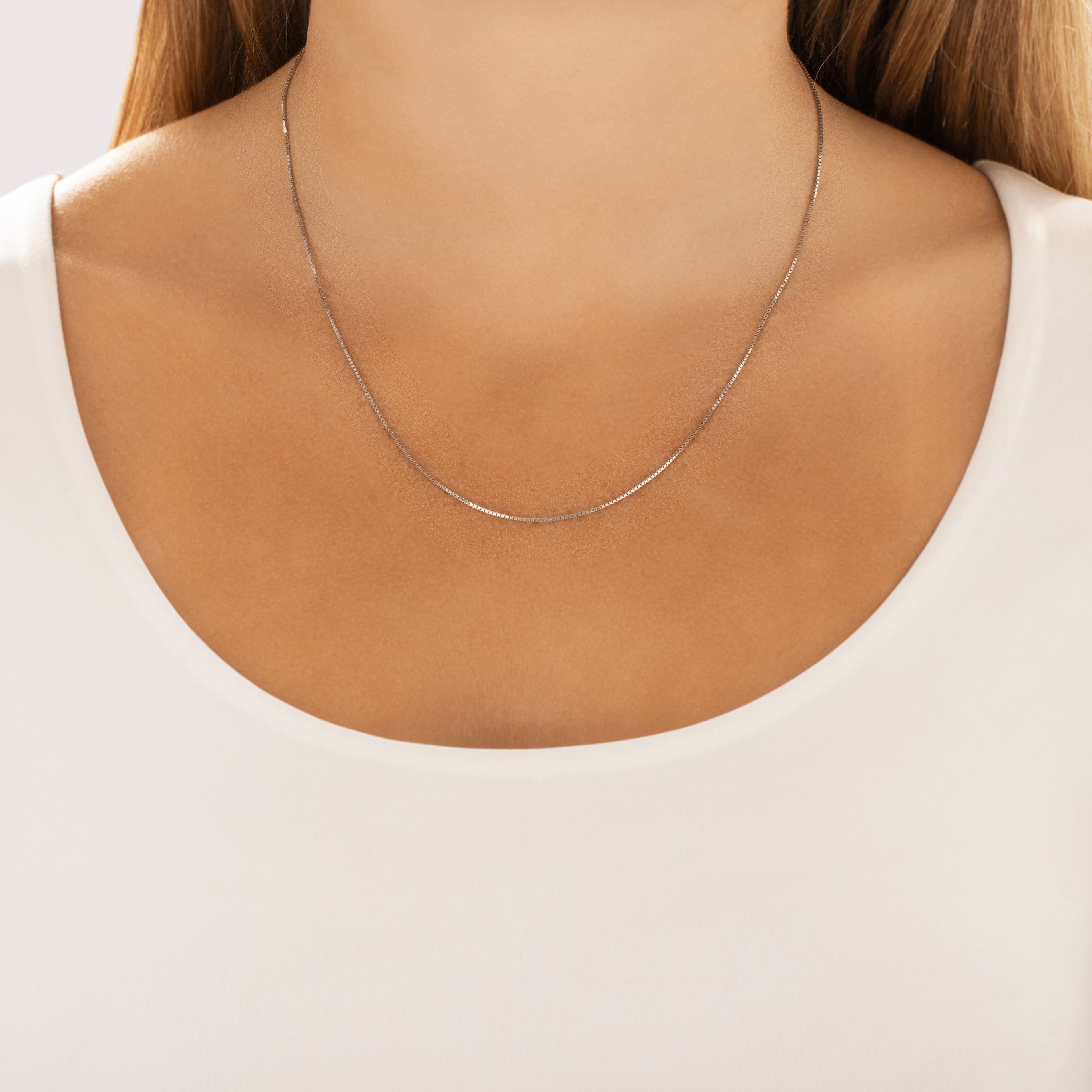 Vintage Platinum .8mm Glinting Delicate Box Chain - On model view