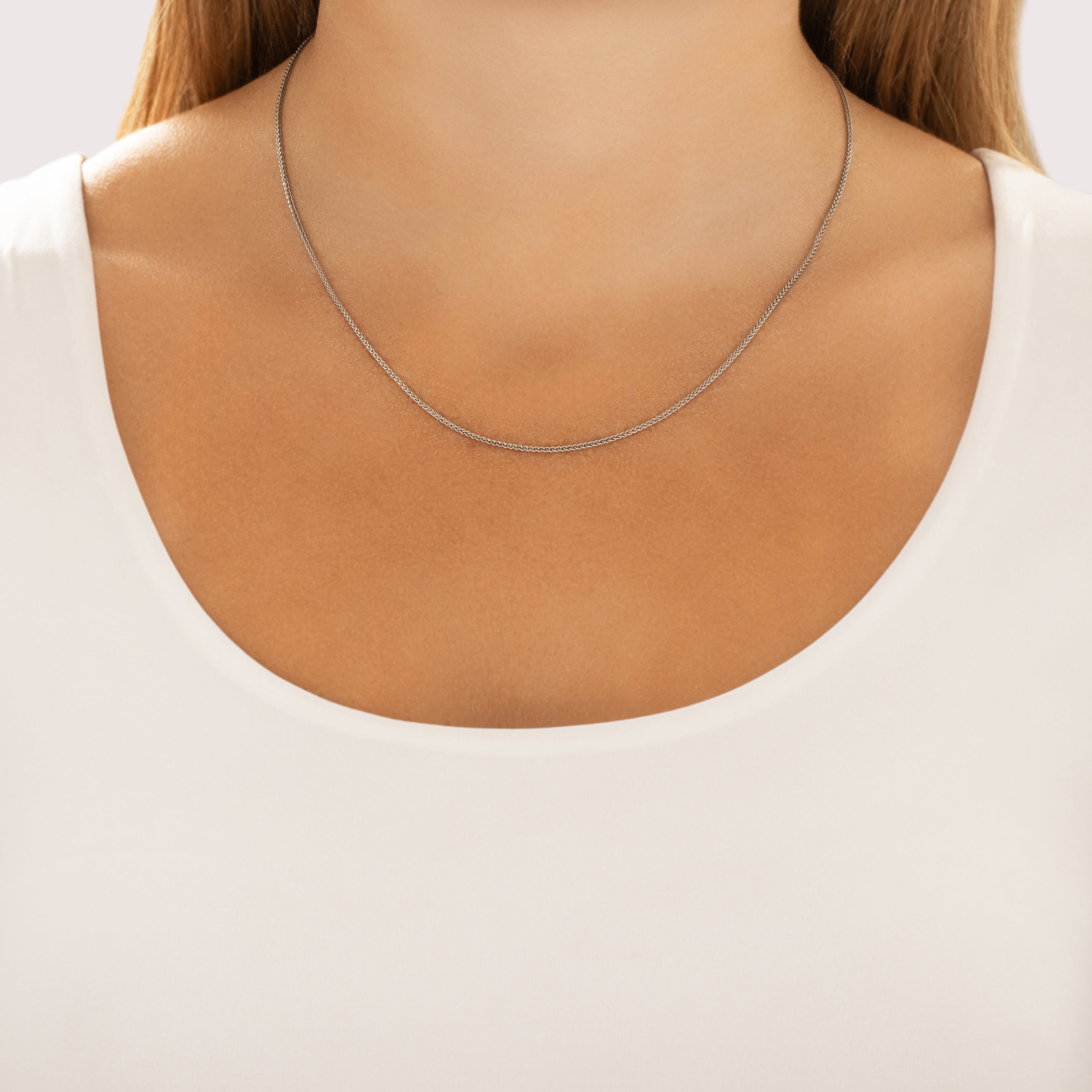 Vintage Italian Platinum 1mm Sleek Wheat Chain - On model view