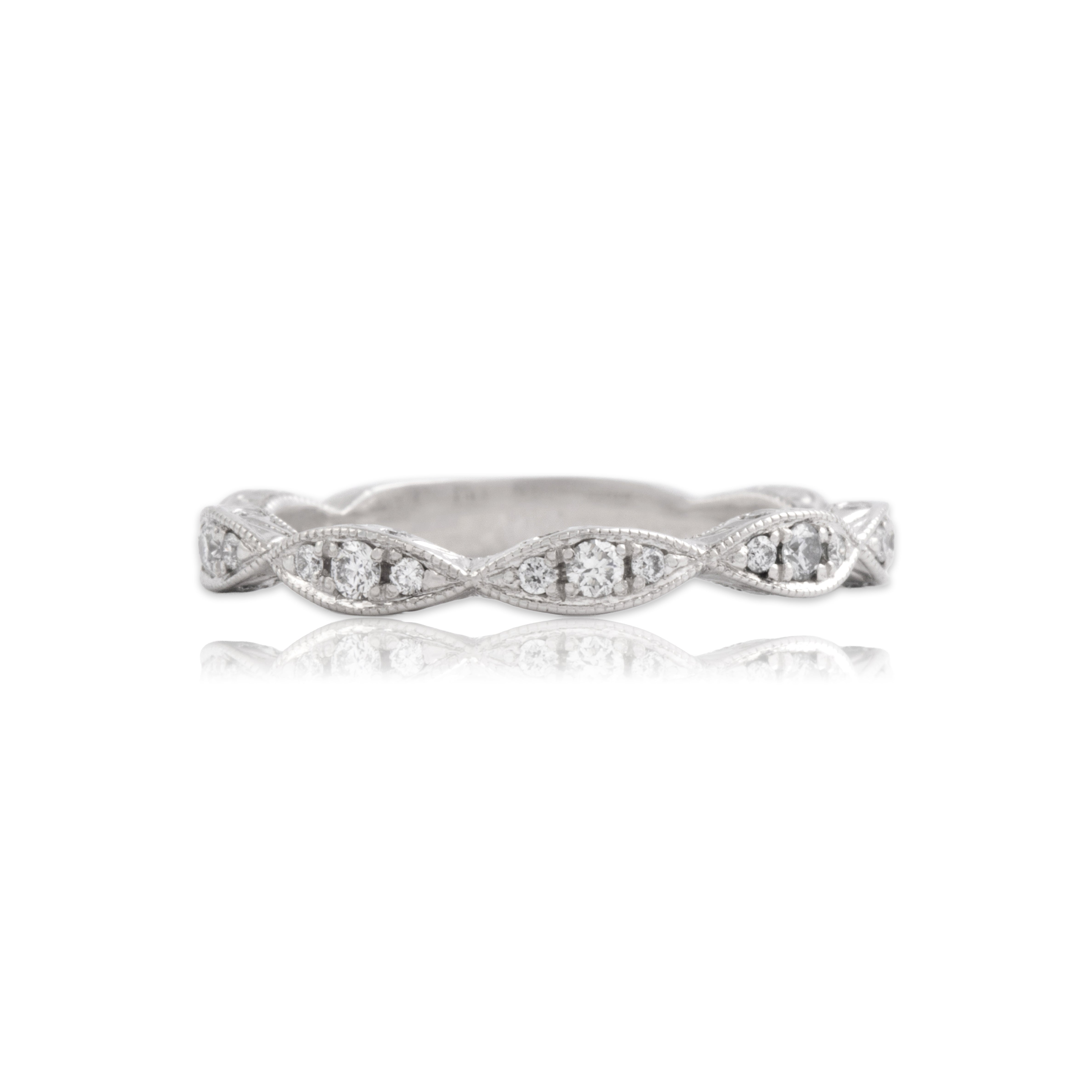 Estate Platinum Diamond Scalloped Milgrain Accent Band Ring - Close-up view
