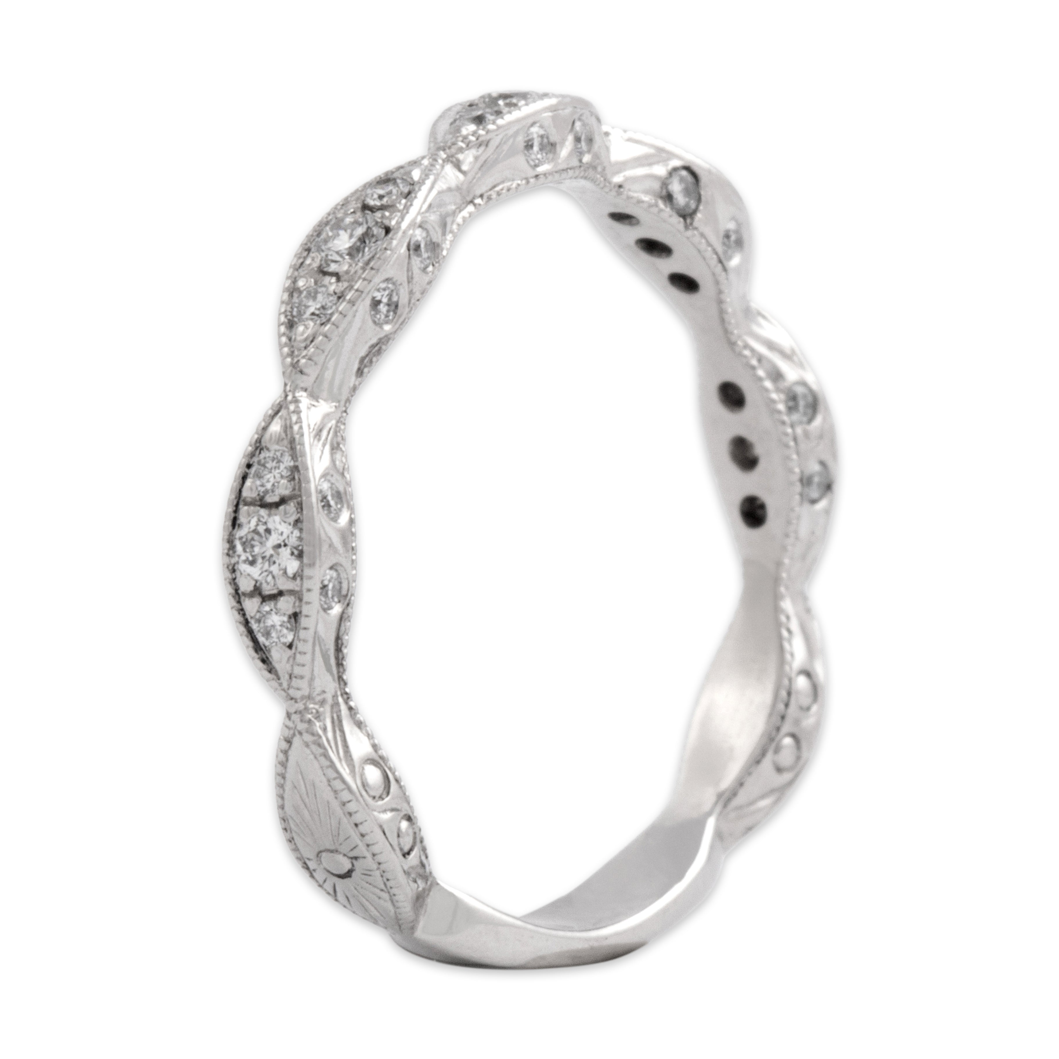 Estate Platinum Diamond Scalloped Milgrain Accent Band Ring - Overall view