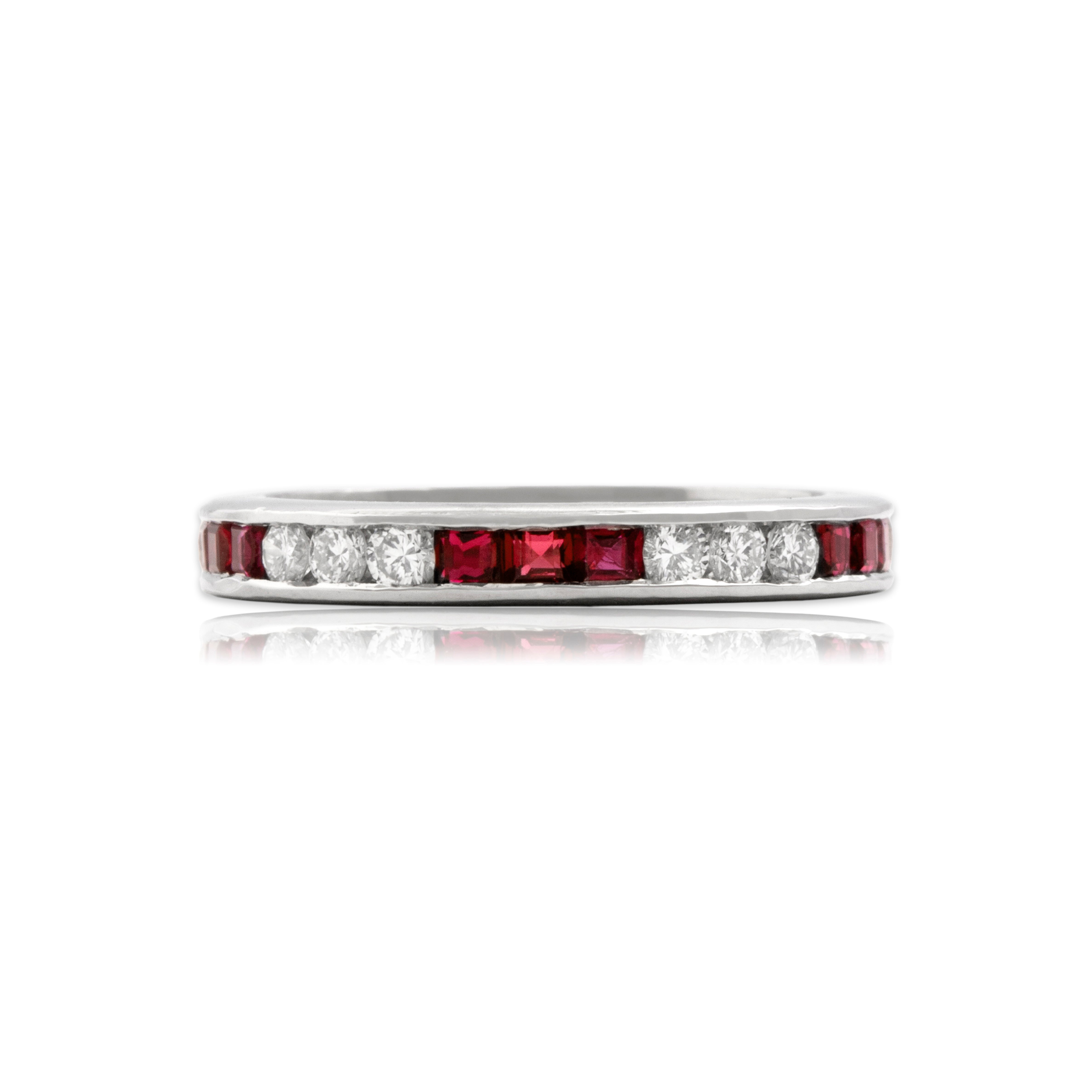Vintage Platinum Ruby Diamond Glittering Alternating Eternity Band Ring 4.25