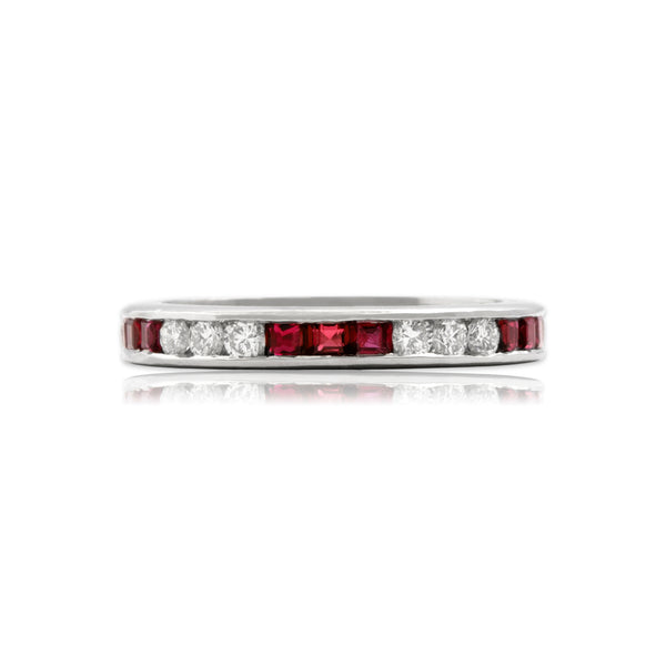Vintage Platinum Ruby Diamond Glittering Alternating Eternity Band Ring 4.25