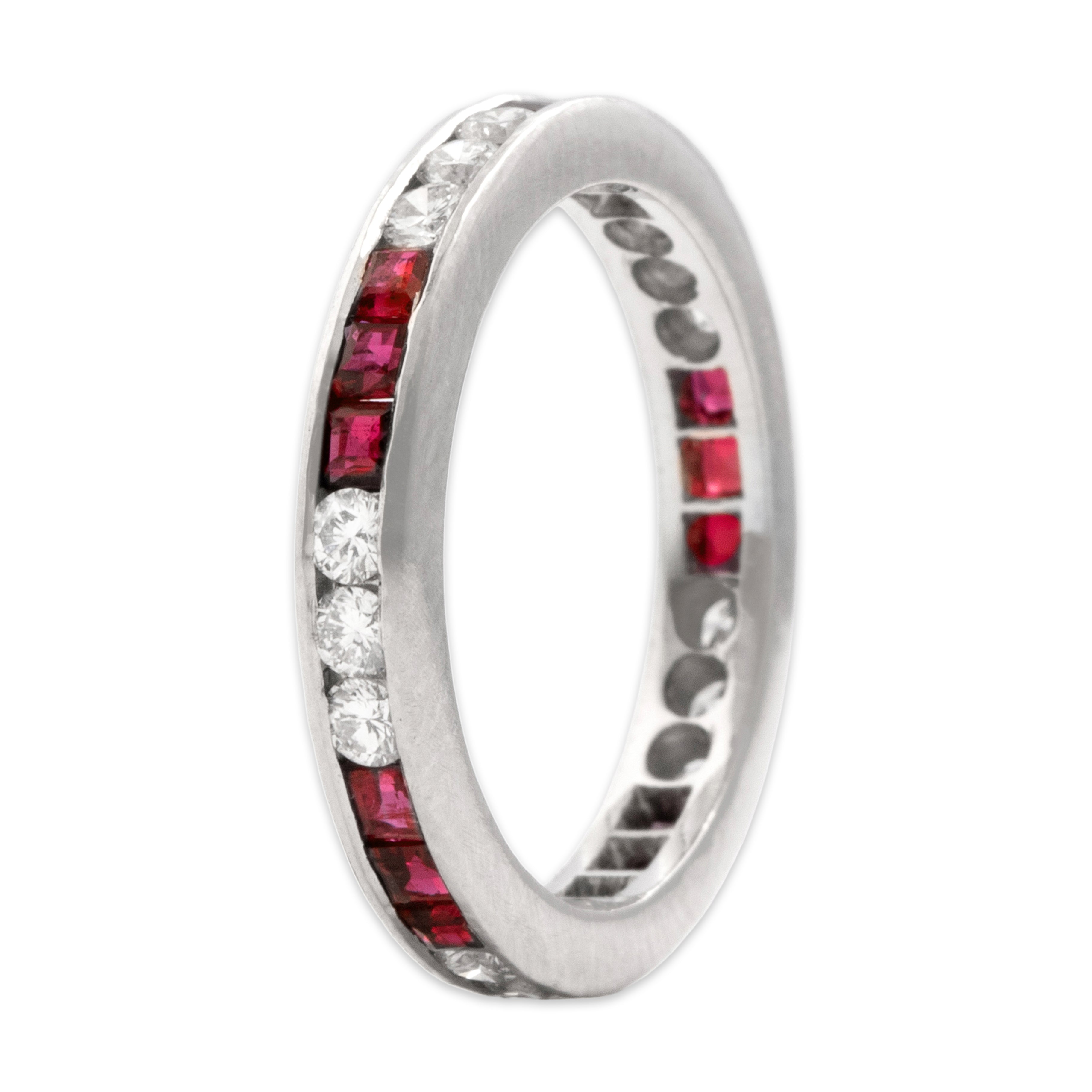 Vintage Platinum Ruby Diamond Glittering Alternating Eternity Band Ring 4.25