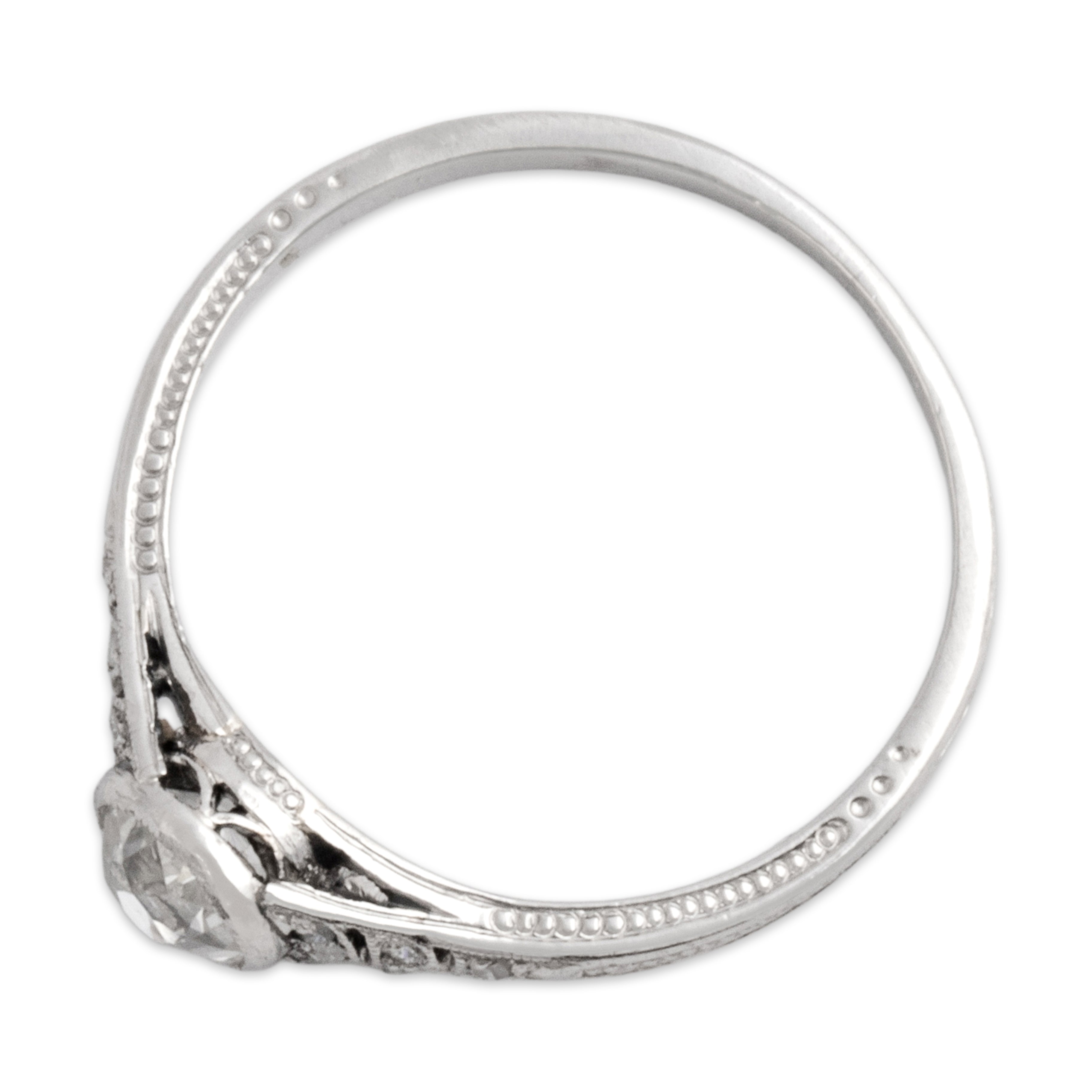 Antique Art Deco Platinum Old Mine Cut Diamond Dainty Sleek Bezel-Set Milgrain Decorated Ring - Overall view