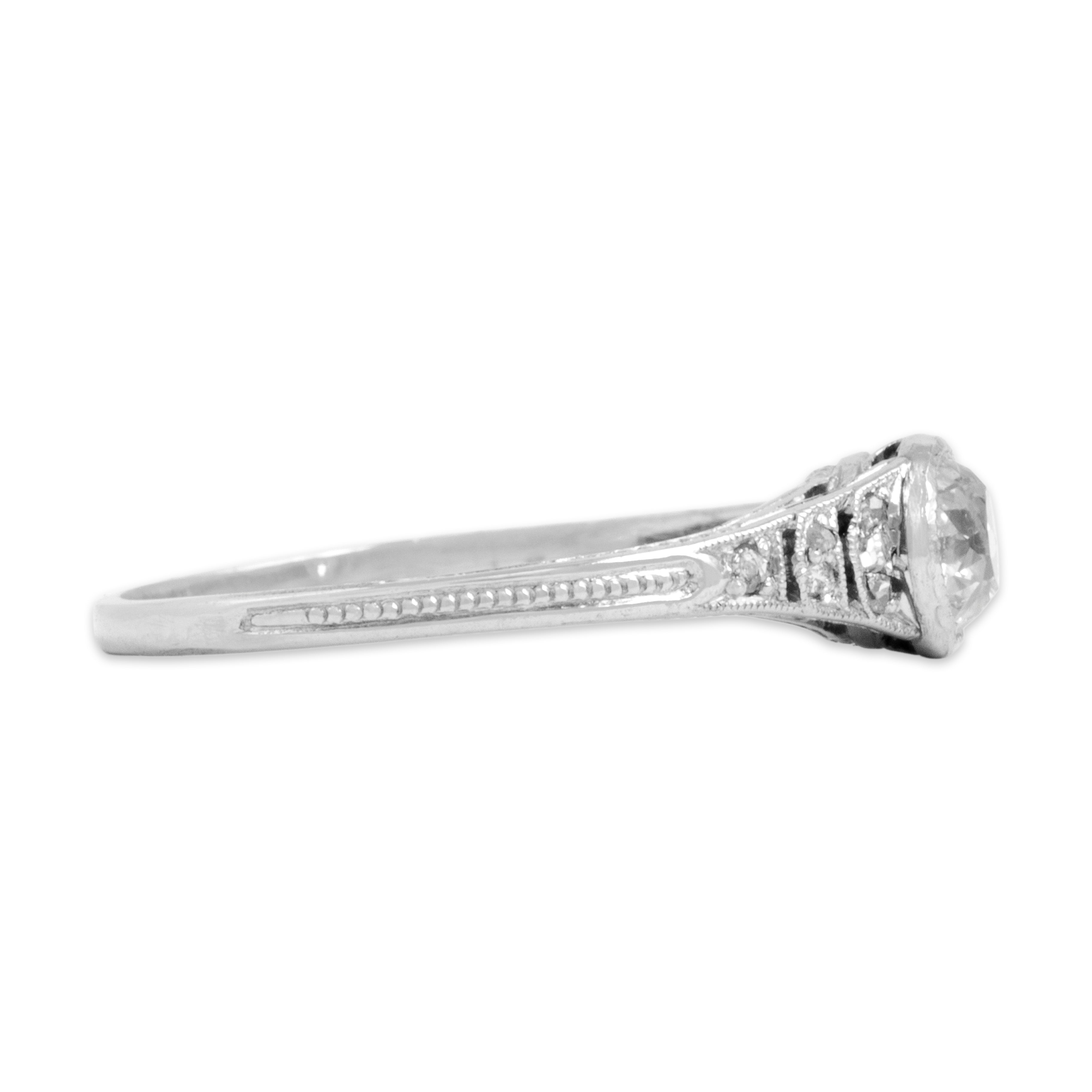 Antique Art Deco Platinum Old Mine Cut Diamond Dainty Sleek Bezel-Set Milgrain Decorated Ring - Side view