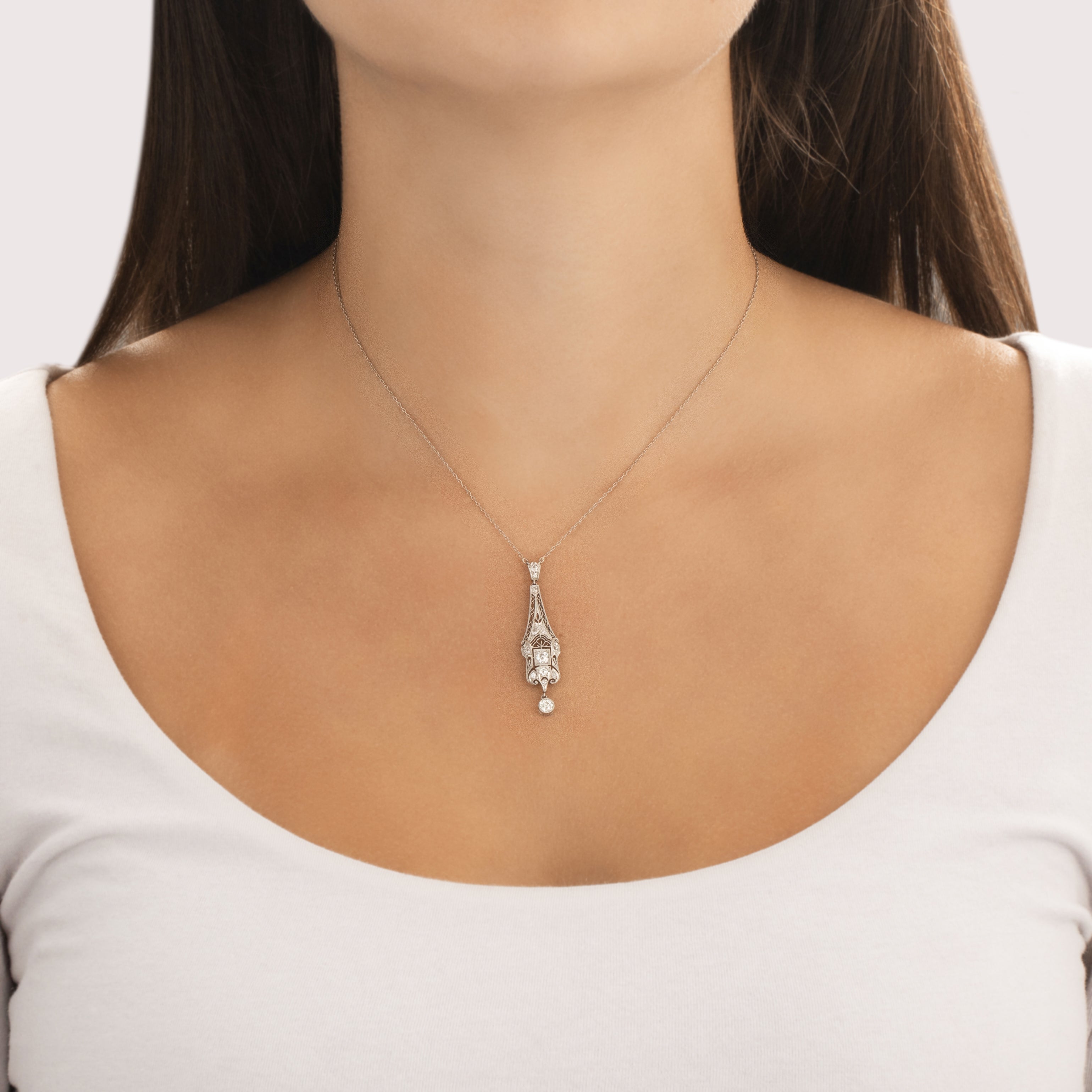 Antique Art Deco Platinum Old European Old Mine Cut Diamond Incredible Openwork Filigree Necklace - On model view