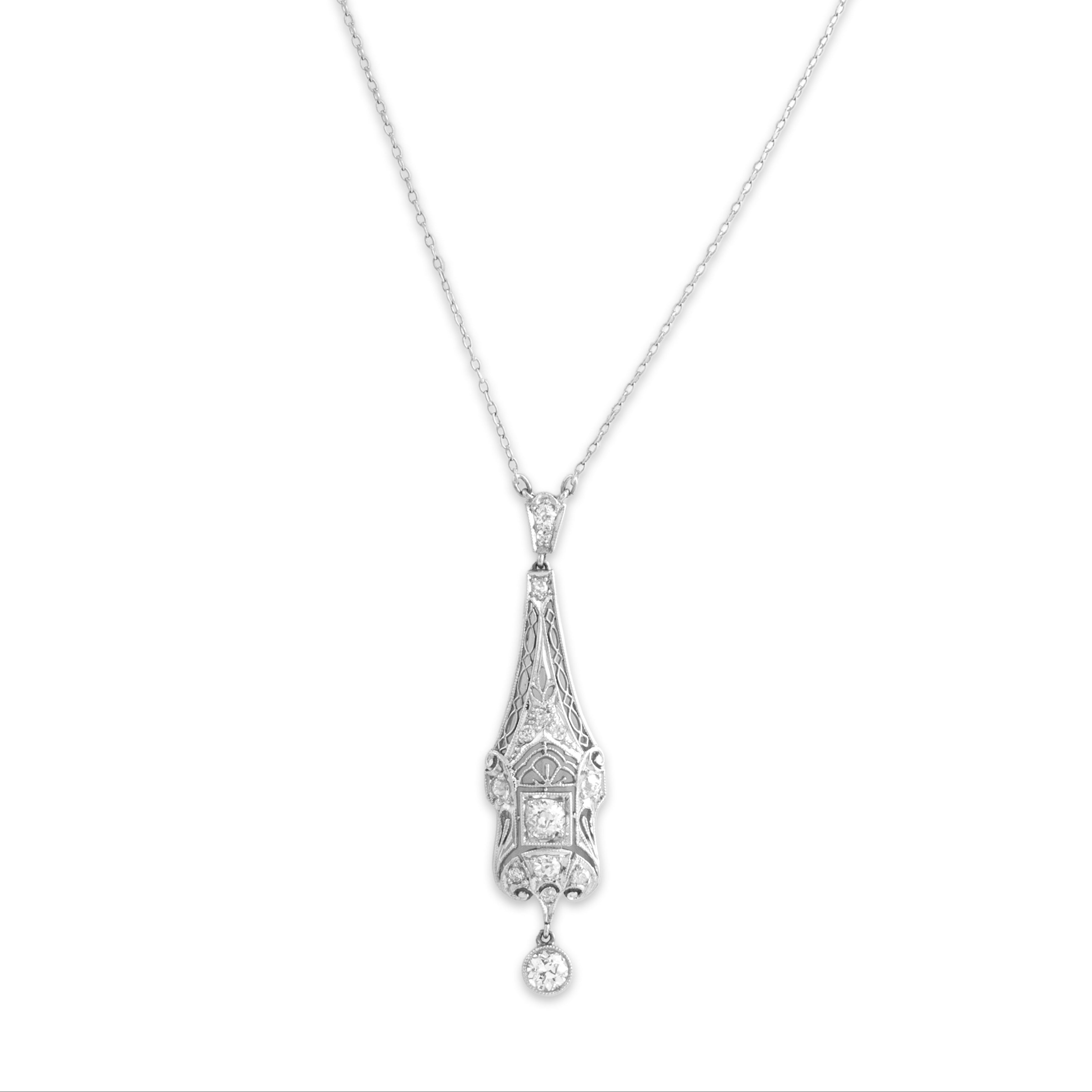 Antique Art Deco Platinum Old European Old Mine Cut Diamond Incredible Openwork Filigree Necklace - detail view #1
