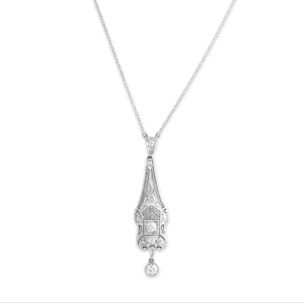 Antique Art Deco Platinum Old European Old Mine Cut Diamond Incredible Openwork Filigree Necklace - detail view #1