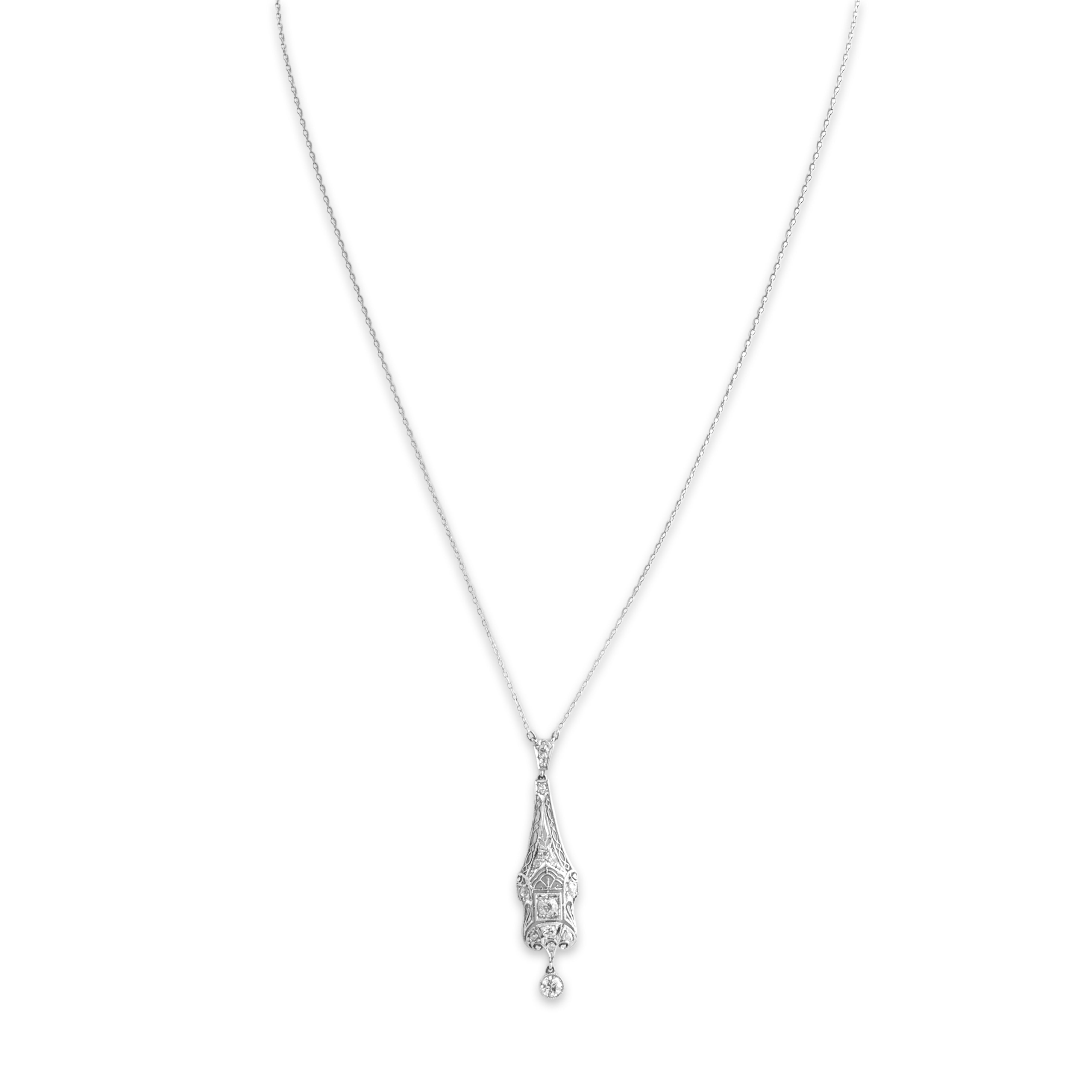 Antique Art Deco Platinum Old European Old Mine Cut Diamond Incredible Openwork Filigree Necklace - Close-up view