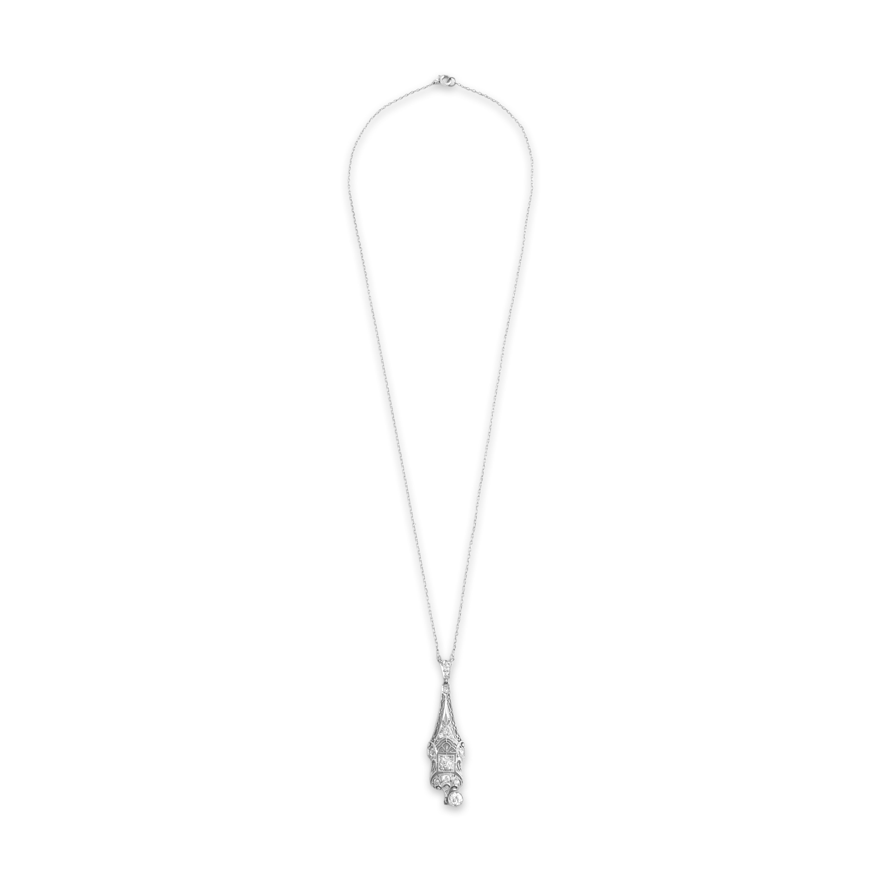 Antique Art Deco Platinum Old European Old Mine Cut Diamond Incredible Openwork Filigree Necklace - Overall view