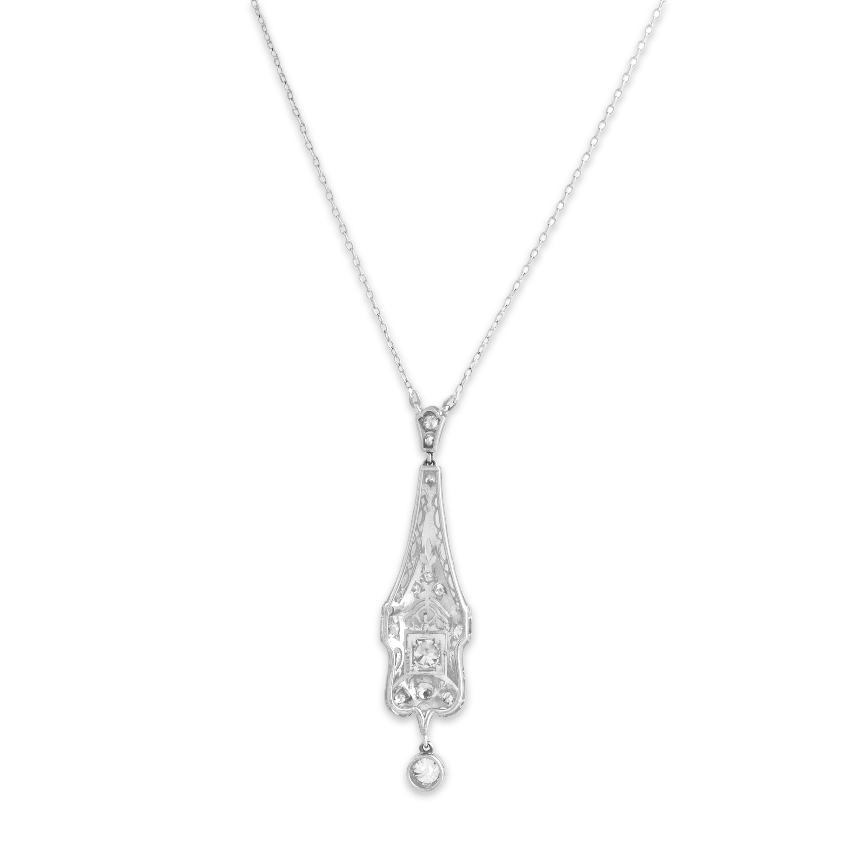 Antique Art Deco Platinum Old European Old Mine Cut Diamond Incredible Openwork Filigree Necklace - Back view