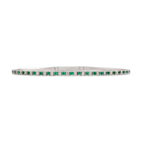 Estate 14k White Gold .54cttw Emerald Diamond Bright Alternating Line Bangle Bracelet - Close-up view