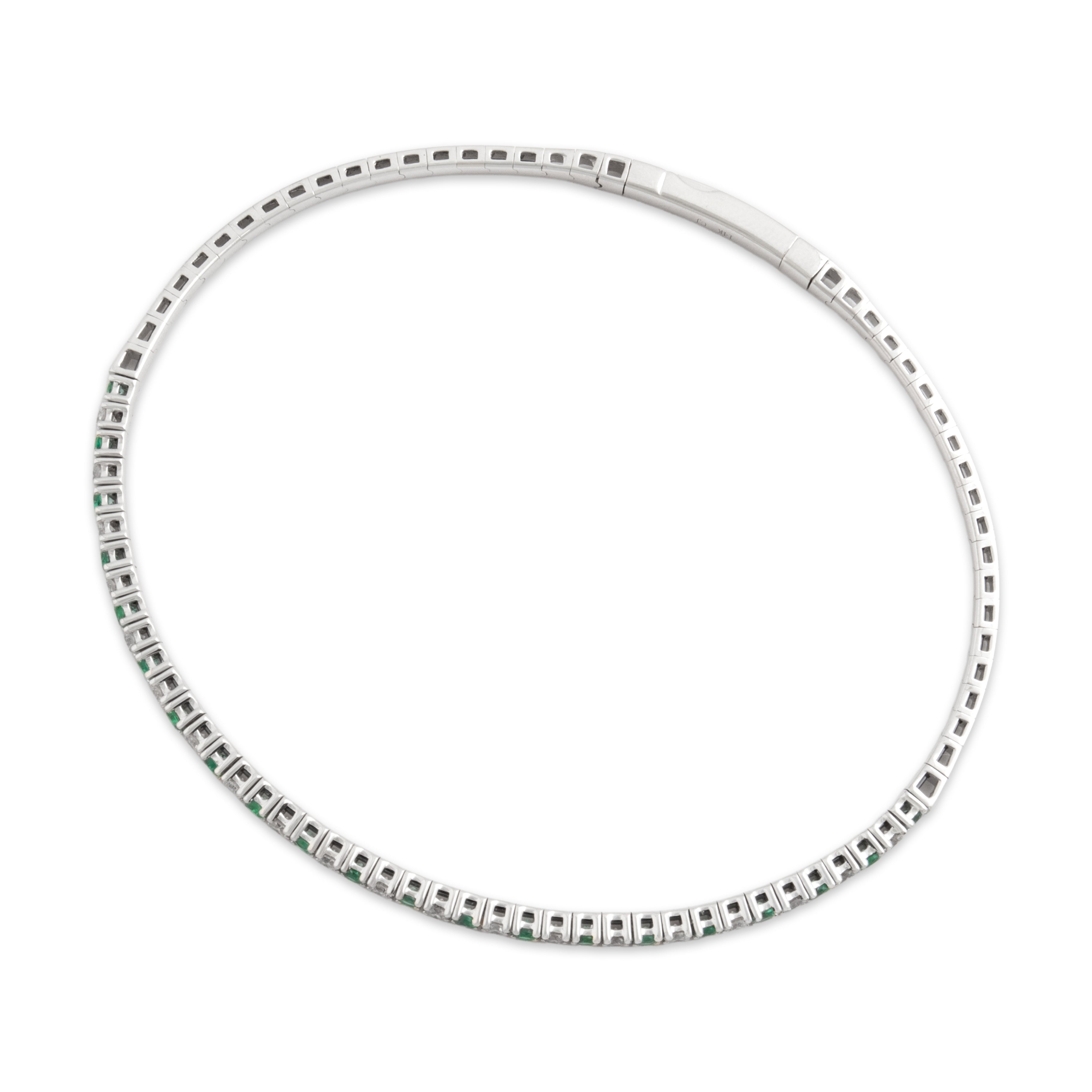 Estate 14k White Gold .54cttw Emerald Diamond Bright Line Bangle Bracelet 7