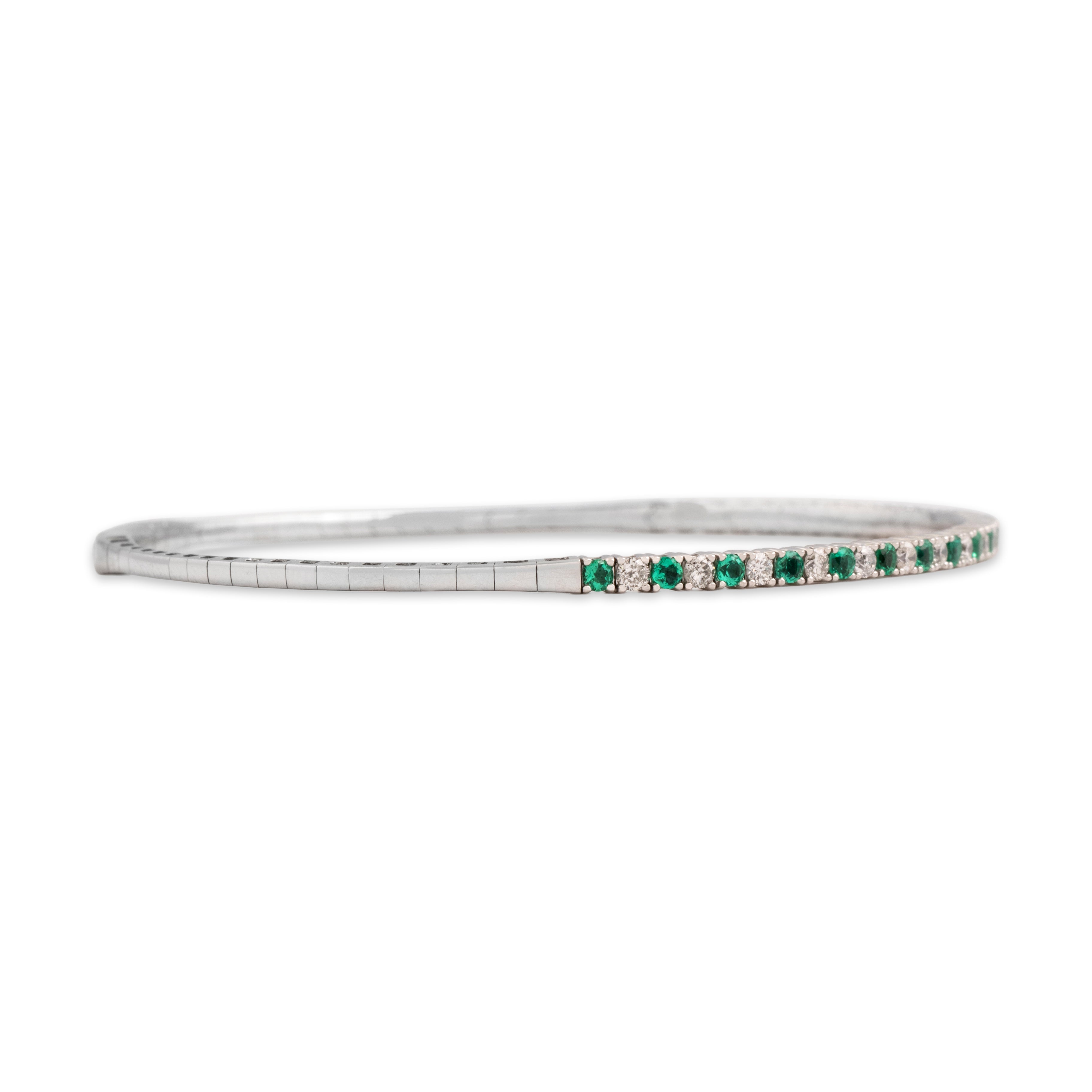 Estate 14k White Gold .54cttw Emerald Diamond Bright Line Bangle Bracelet 7