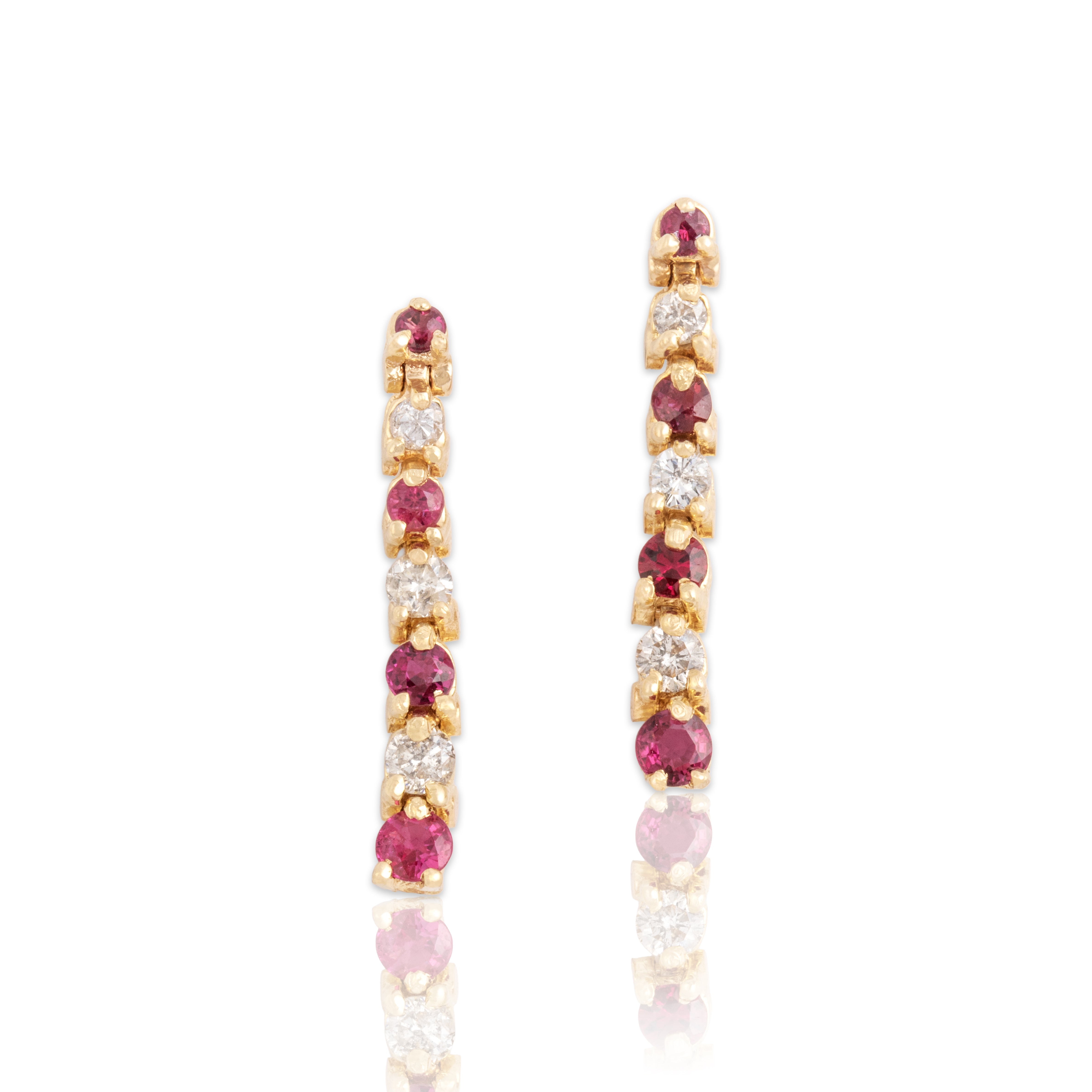 Vintage 14k Yellow Gold .58cttw Ruby Diamond Lovely Alternating Link Dangle Stud Earrings - Close-up view
