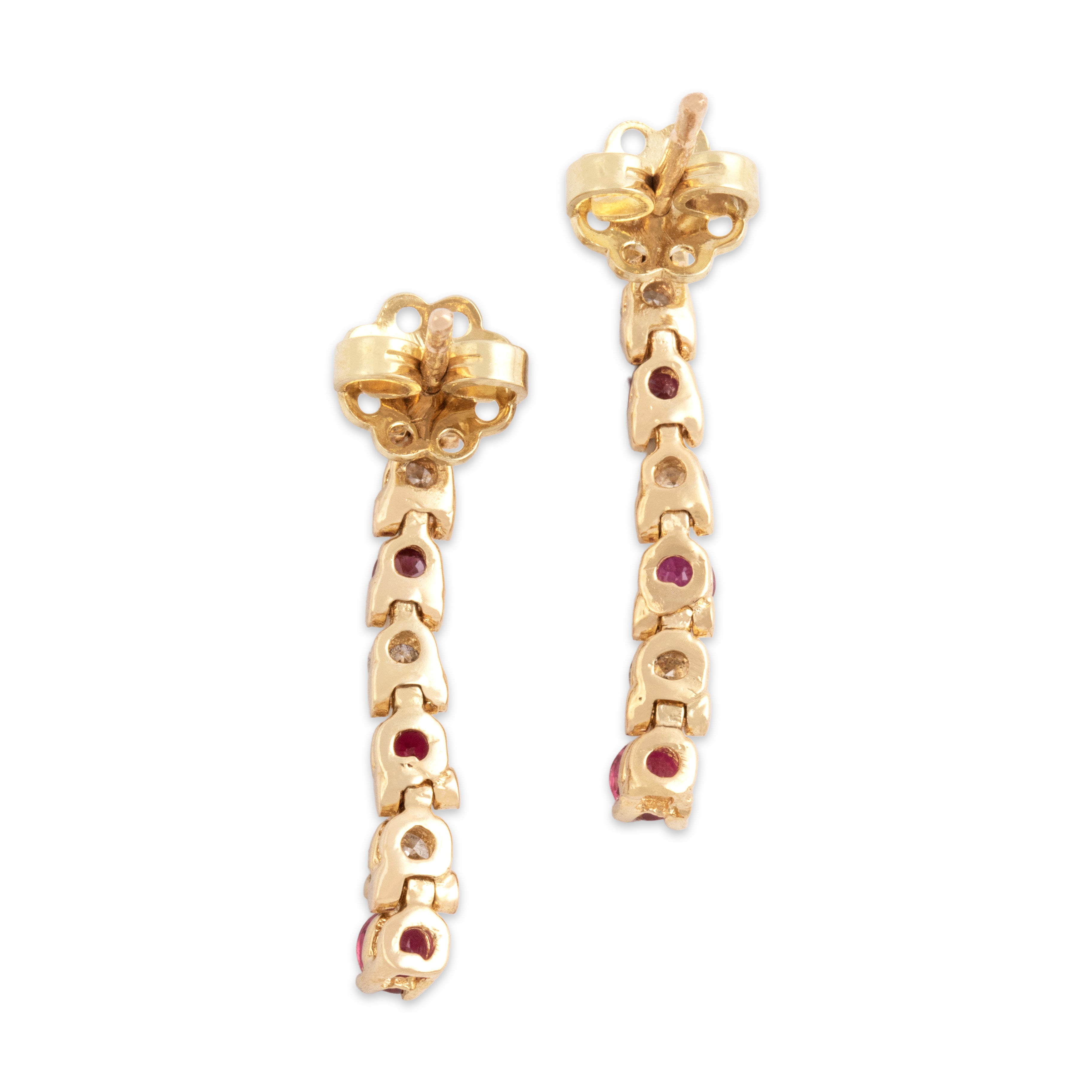Vintage 14k Yellow Gold .58cttw Ruby Diamond Lovely Alternating Link Dangle Stud Earrings - Back view
