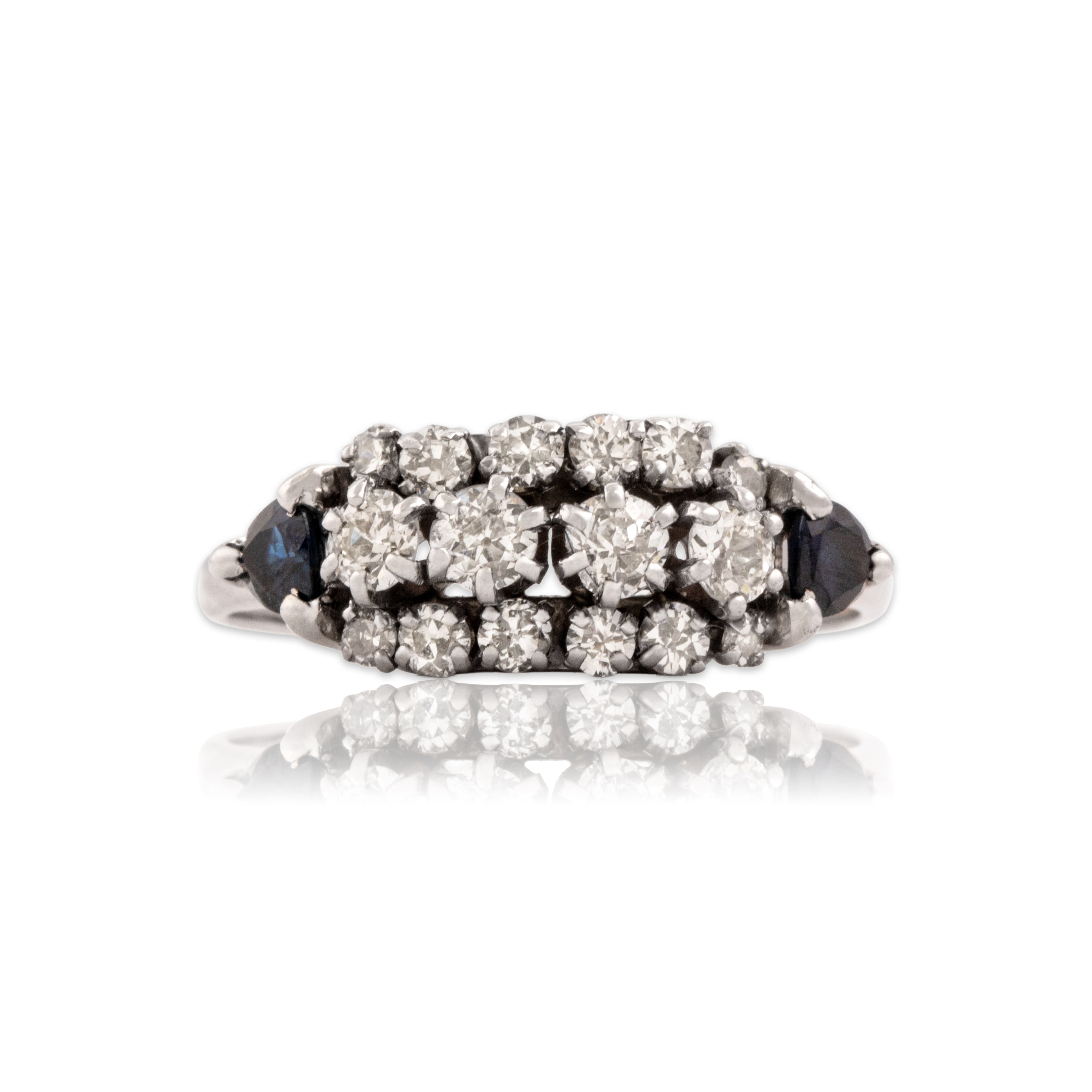 Vintage 14k White Gold .9cttw Old Mine Cut Diamond Blue Sapphire Line Ring 11.25