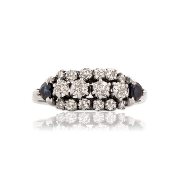 Vintage 14k White Gold .9cttw Old Mine Cut Diamond Blue Sapphire Line Ring 11.25