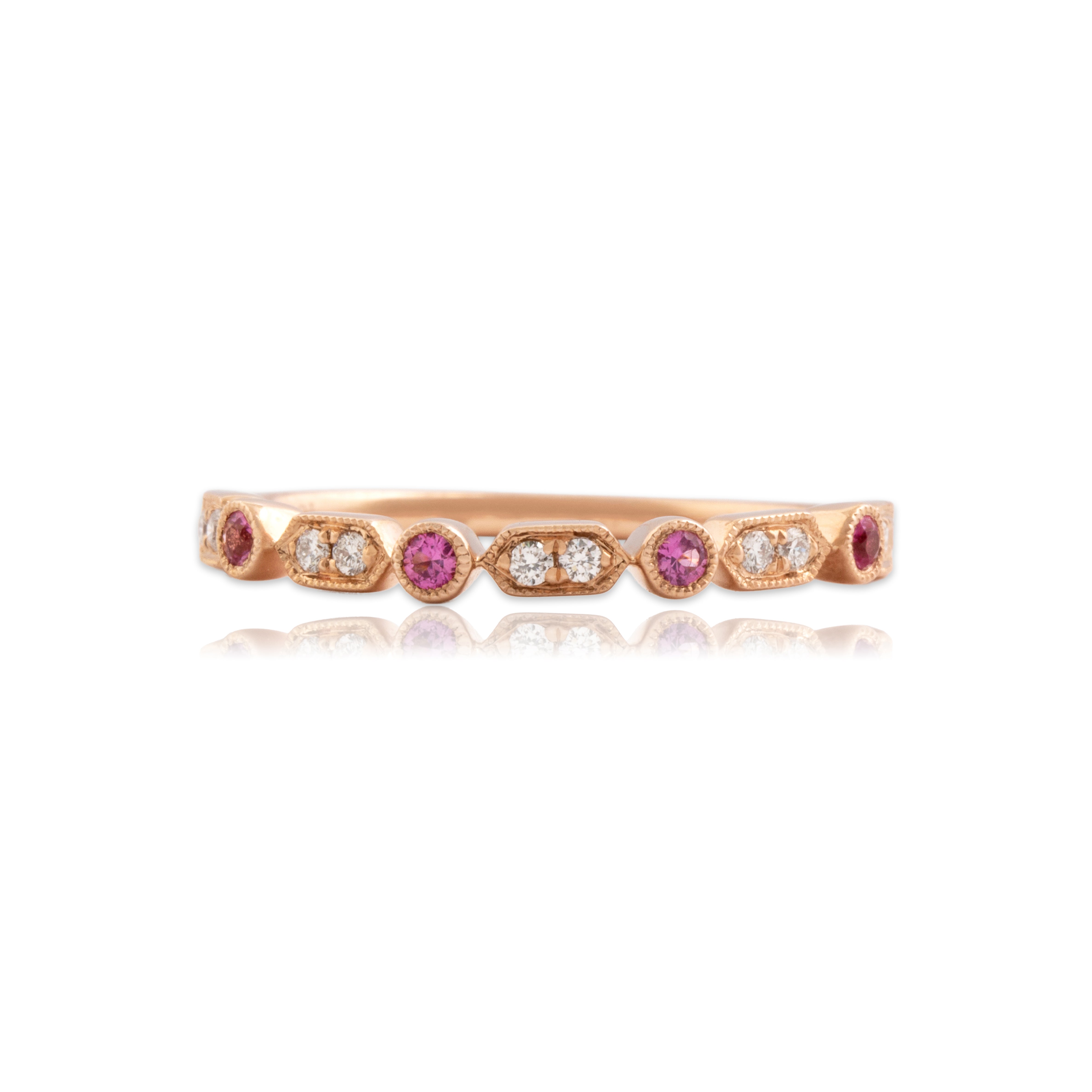 Estate 14k Rose Gold Pink Sapphire Diamond Dainty Milgrain Detail Ring 7.50