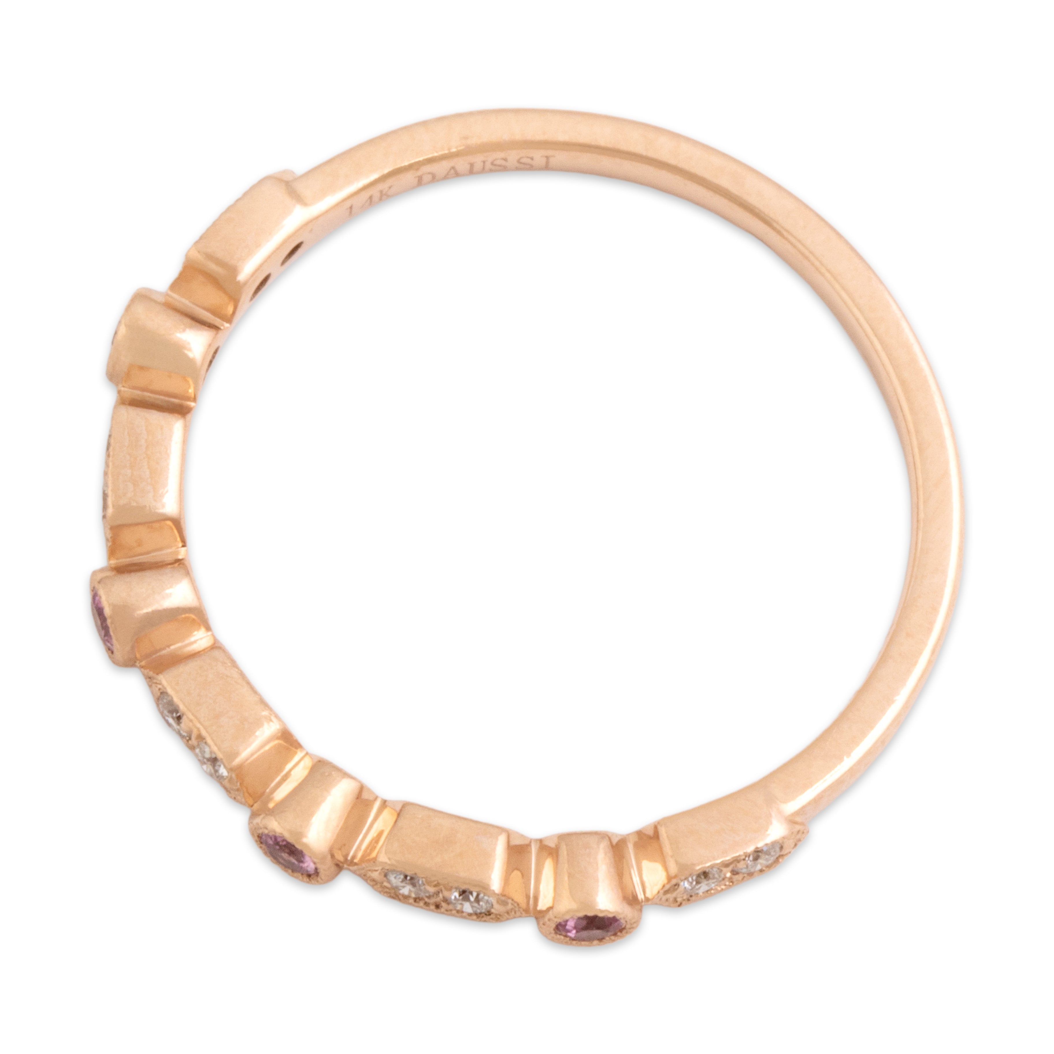 Estate 14k Rose Gold Pink Sapphire Diamond Feminine Milgrain Detail Band Ring - Overall view