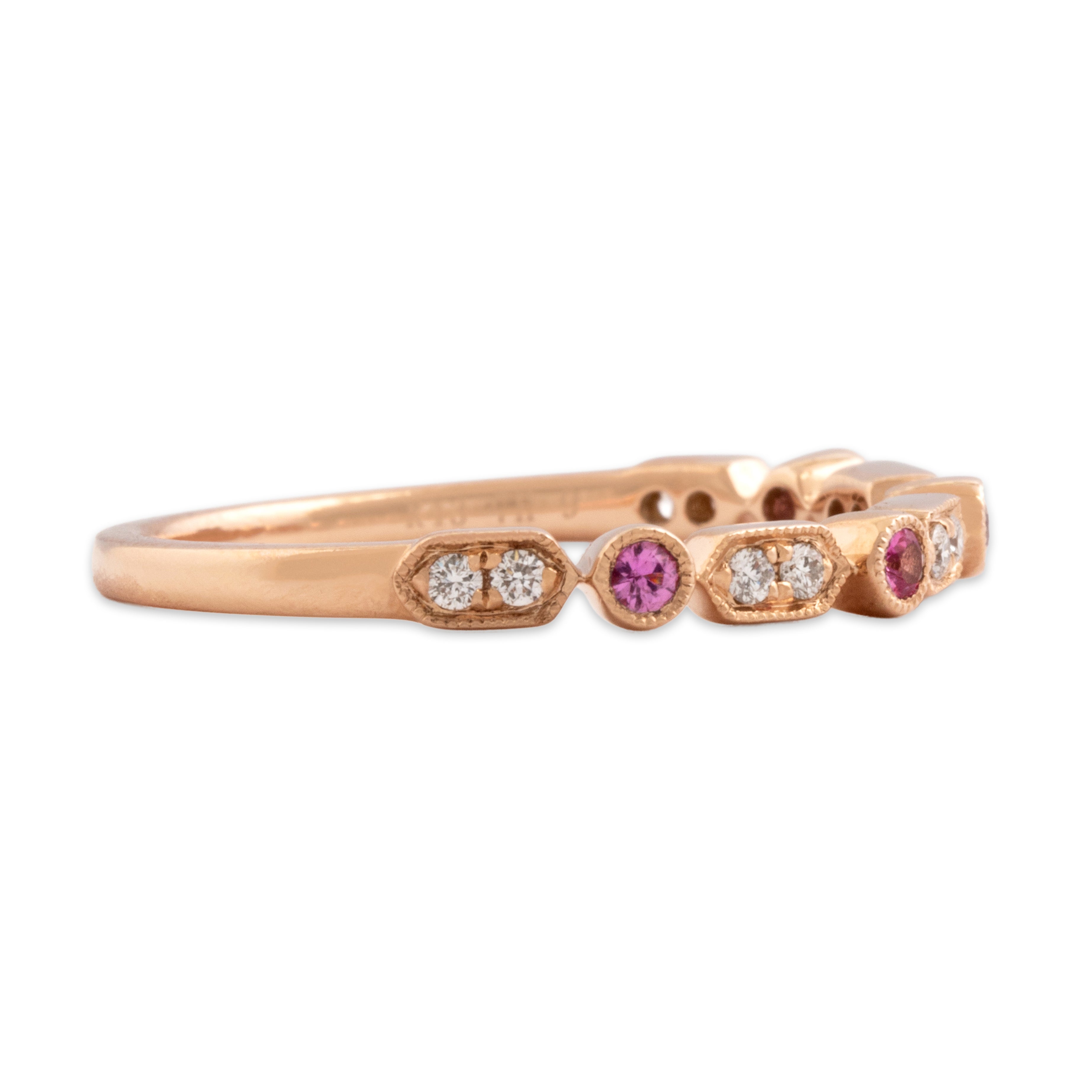 Estate 14k Rose Gold Pink Sapphire Diamond Dainty Milgrain Detail Ring 7.50