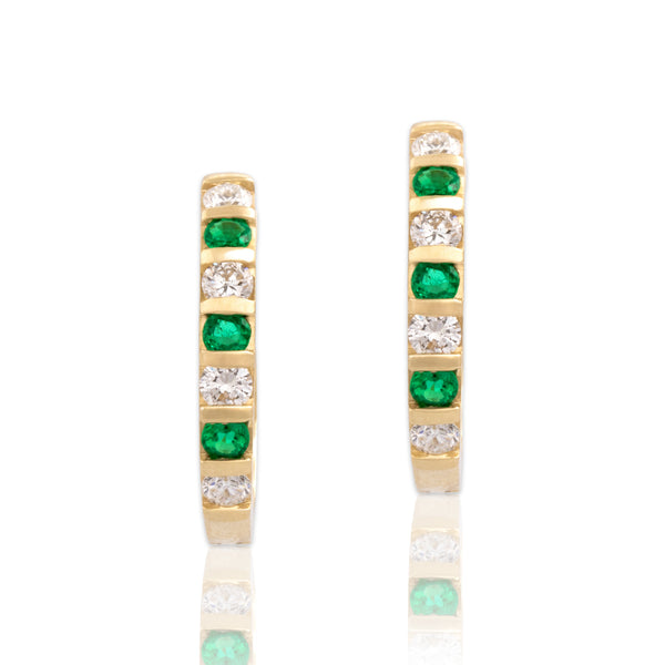 Vintage 14k Yellow Gold .58cttw Diamond Emerald Glittering Hoop Earrings