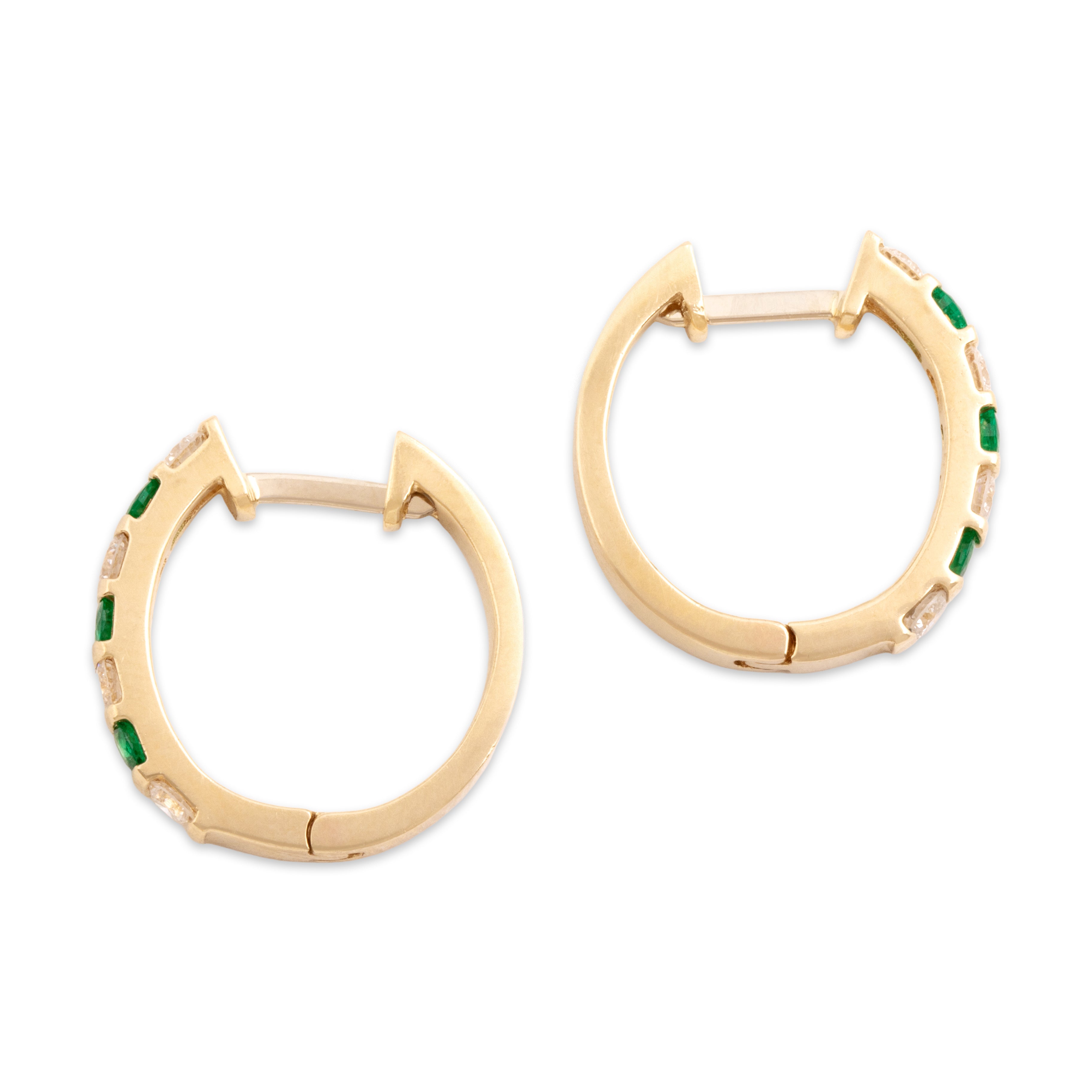 Vintage 14k Yellow Gold .58cttw Diamond Emerald Glittering Alternating Channel Hoop Earrings - Side view