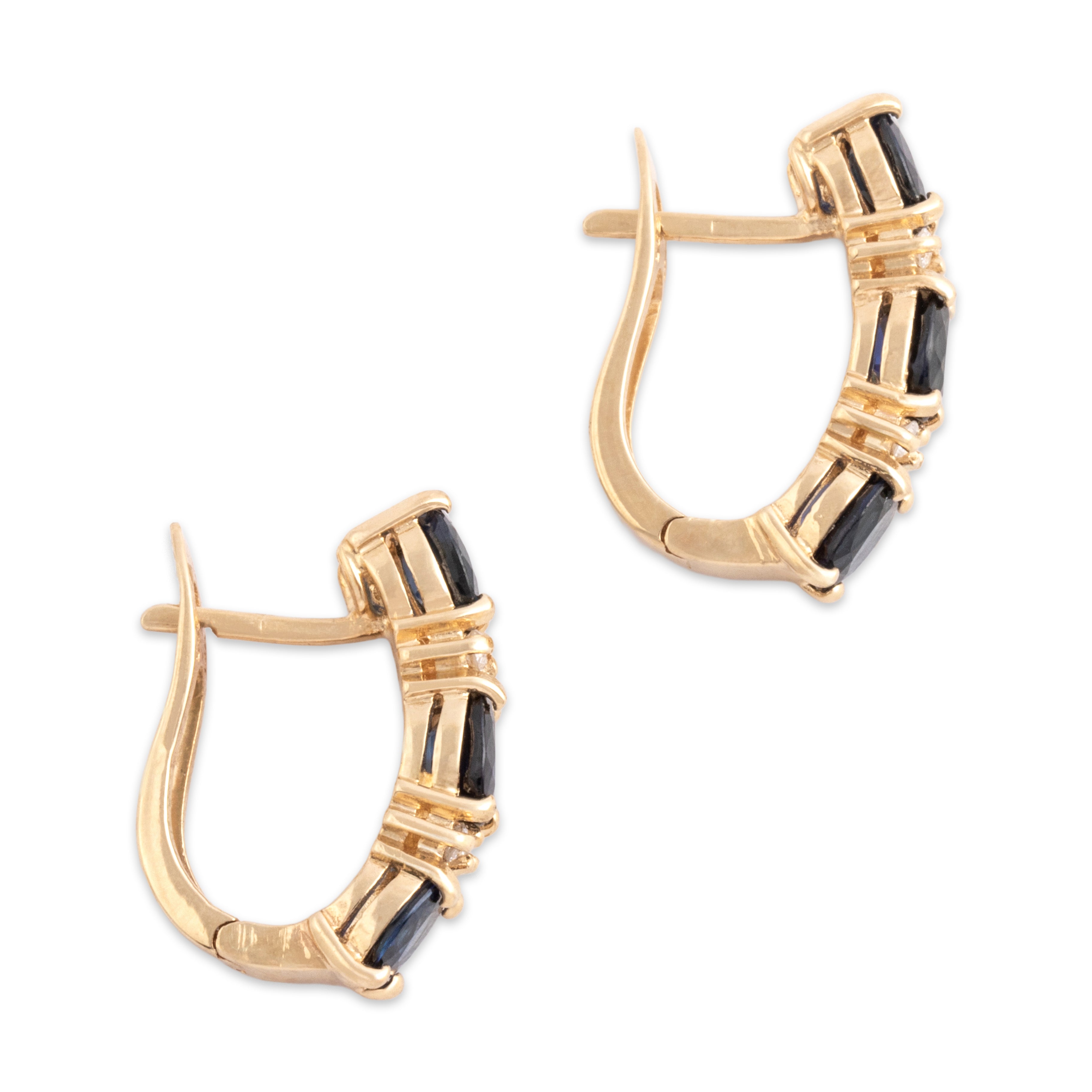 Vintage 14k Yellow Gold 2.58cttw Blue Sapphire Diamond Fabulous Oval Alternating Line Hoop Earrings - Side view