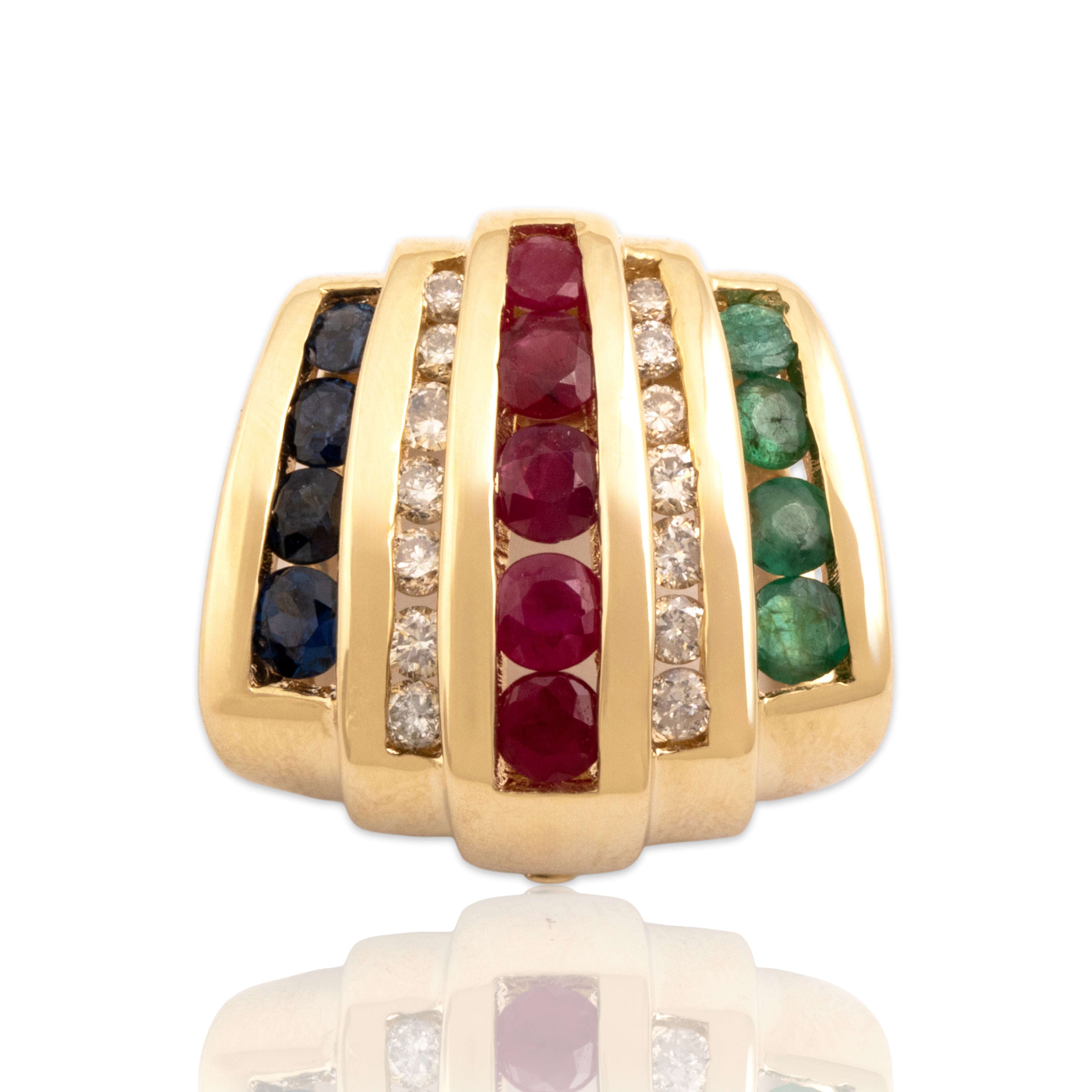 Vintage 14k Yellow Gold Ruby Diamond Blue Sapphire Emerald Channel Slide Pendant - Close-up view