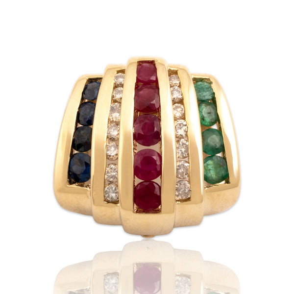 Vintage 14k Yellow Gold Ruby Diamond Blue Sapphire Emerald Channel Slide Pendant