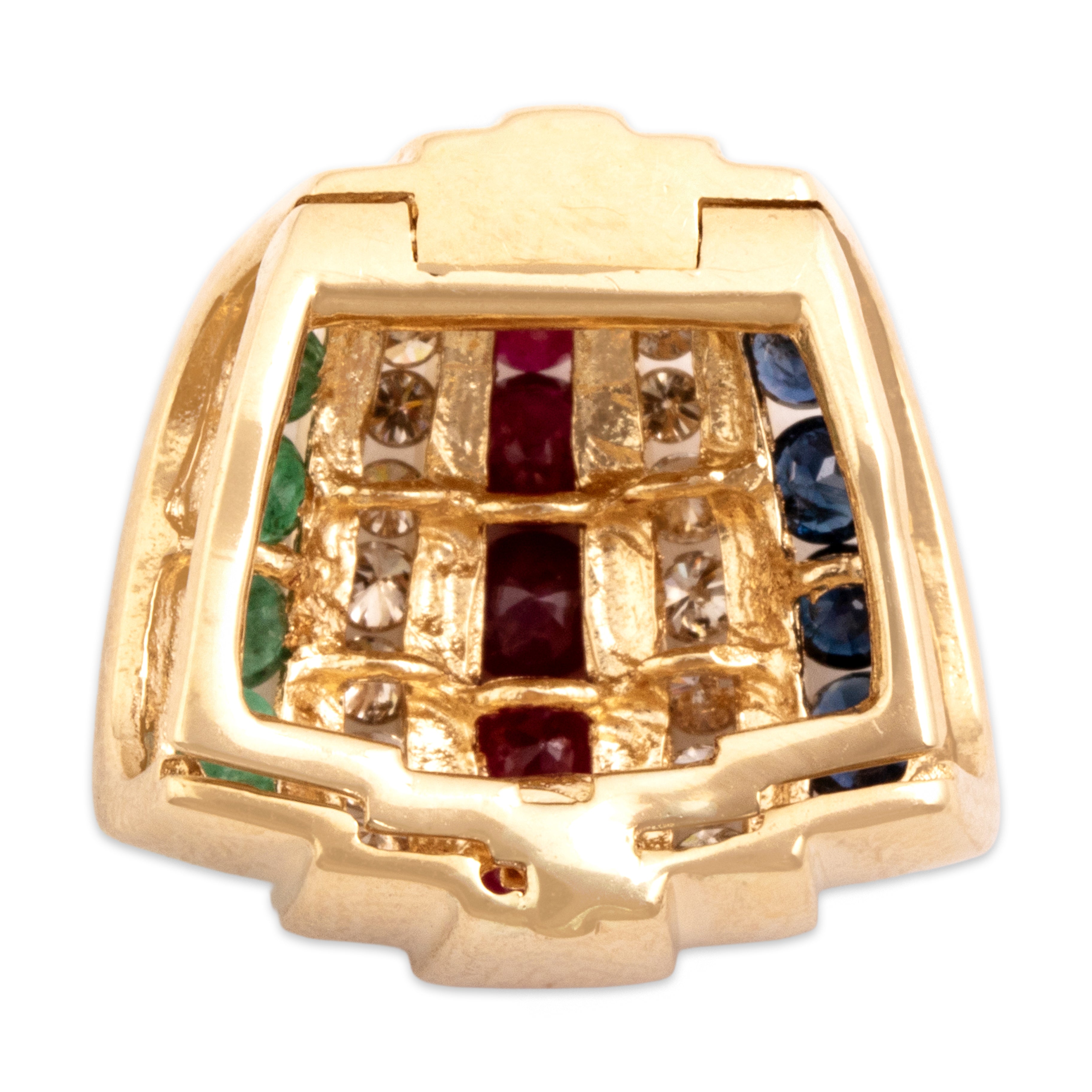 Vintage 14k Yellow Gold Ruby Diamond Blue Sapphire Emerald Channel Slide Pendant - Back view
