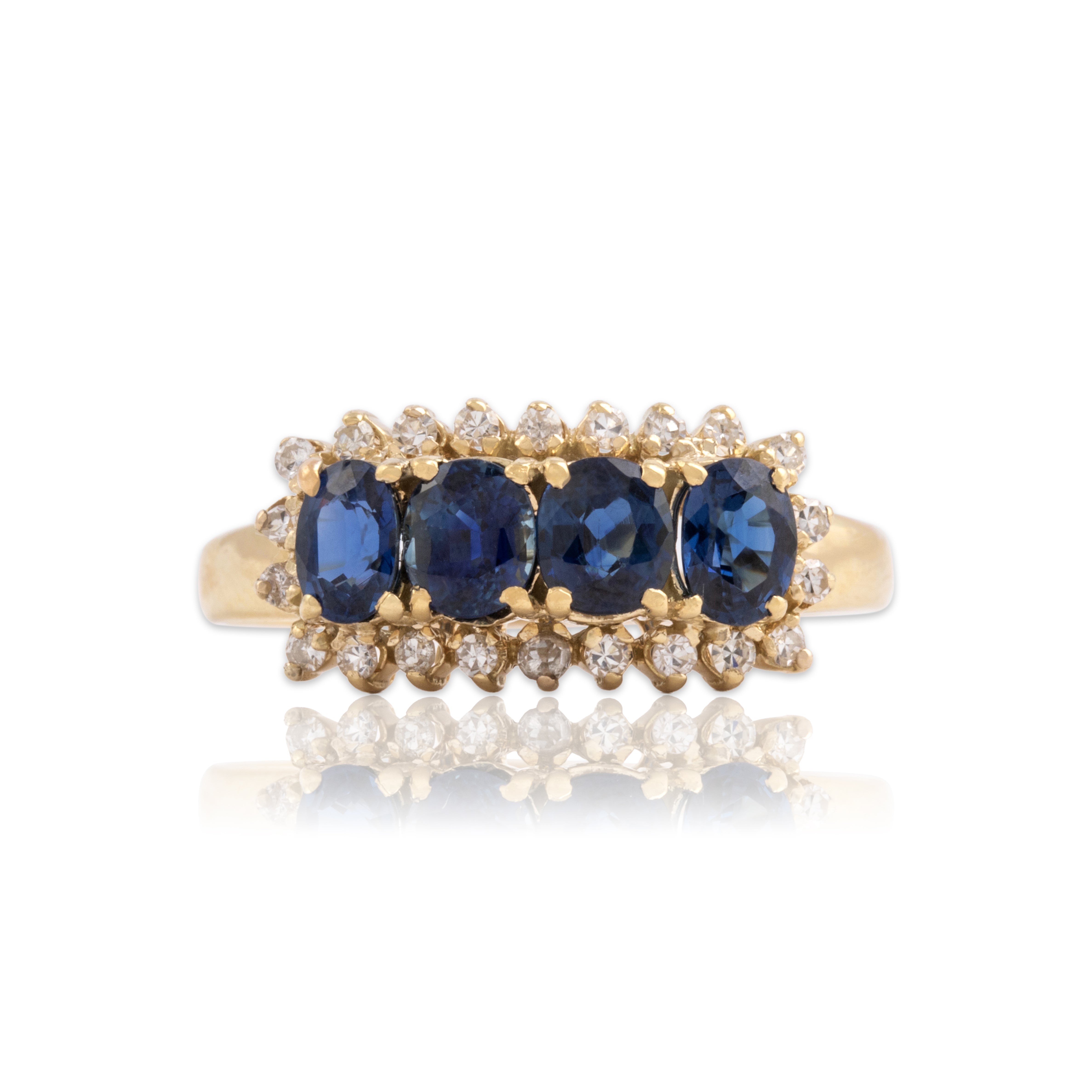 Vintage 14k Yellow Gold 1.45cttw Blue Sapphire Diamond Bright Haloed Line Ring - Close-up view