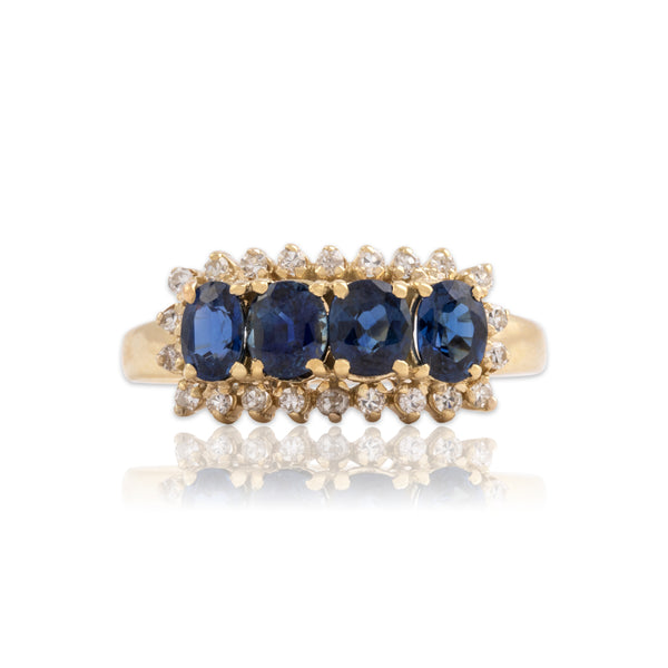 Vintage 14k Yellow Gold 1.45cttw Blue Sapphire Diamond Bright Halo Line Ring 9.50