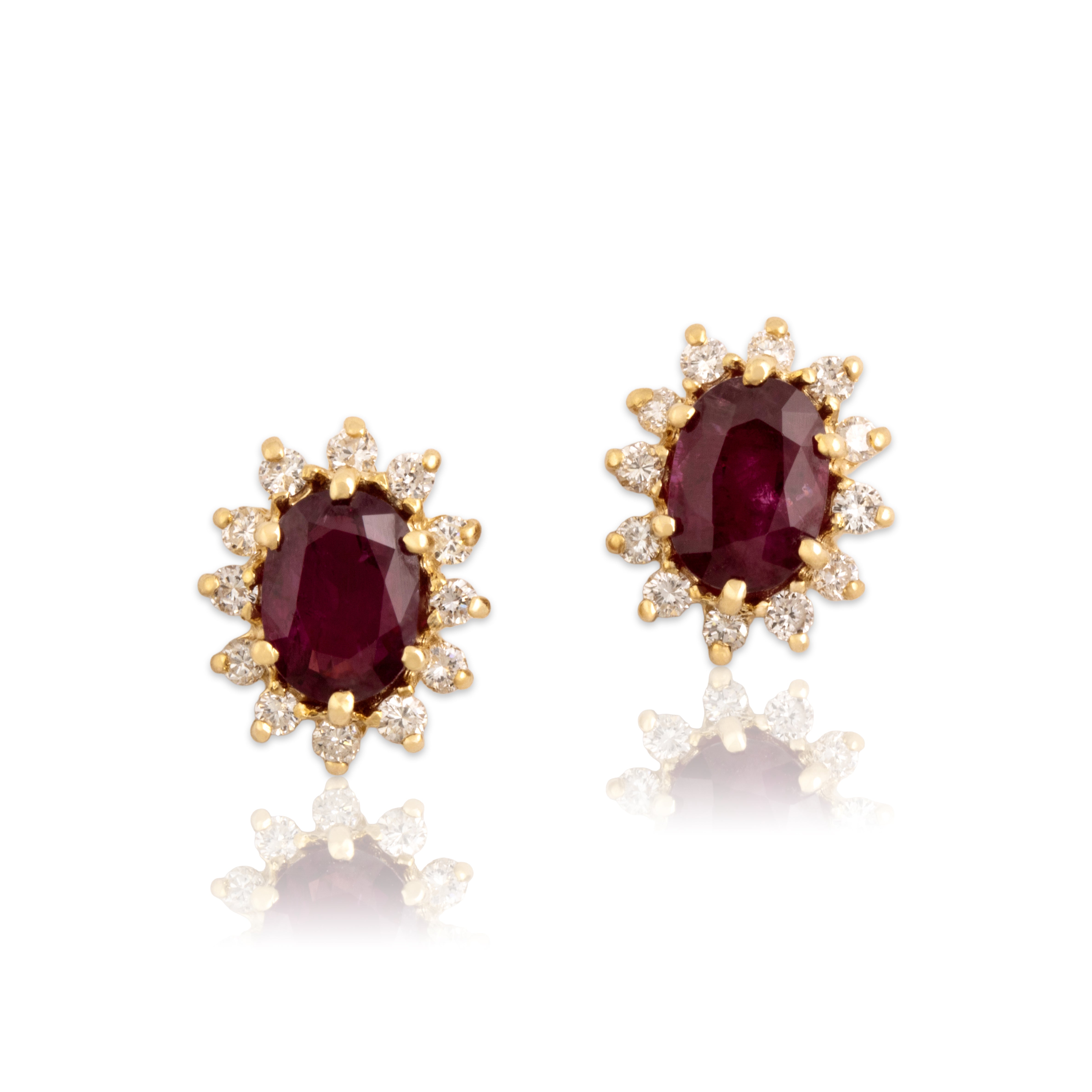 Vintage 14k Yellow Gold 1.65cttw Ruby Diamond Halo Stud Earrings - Close-up view